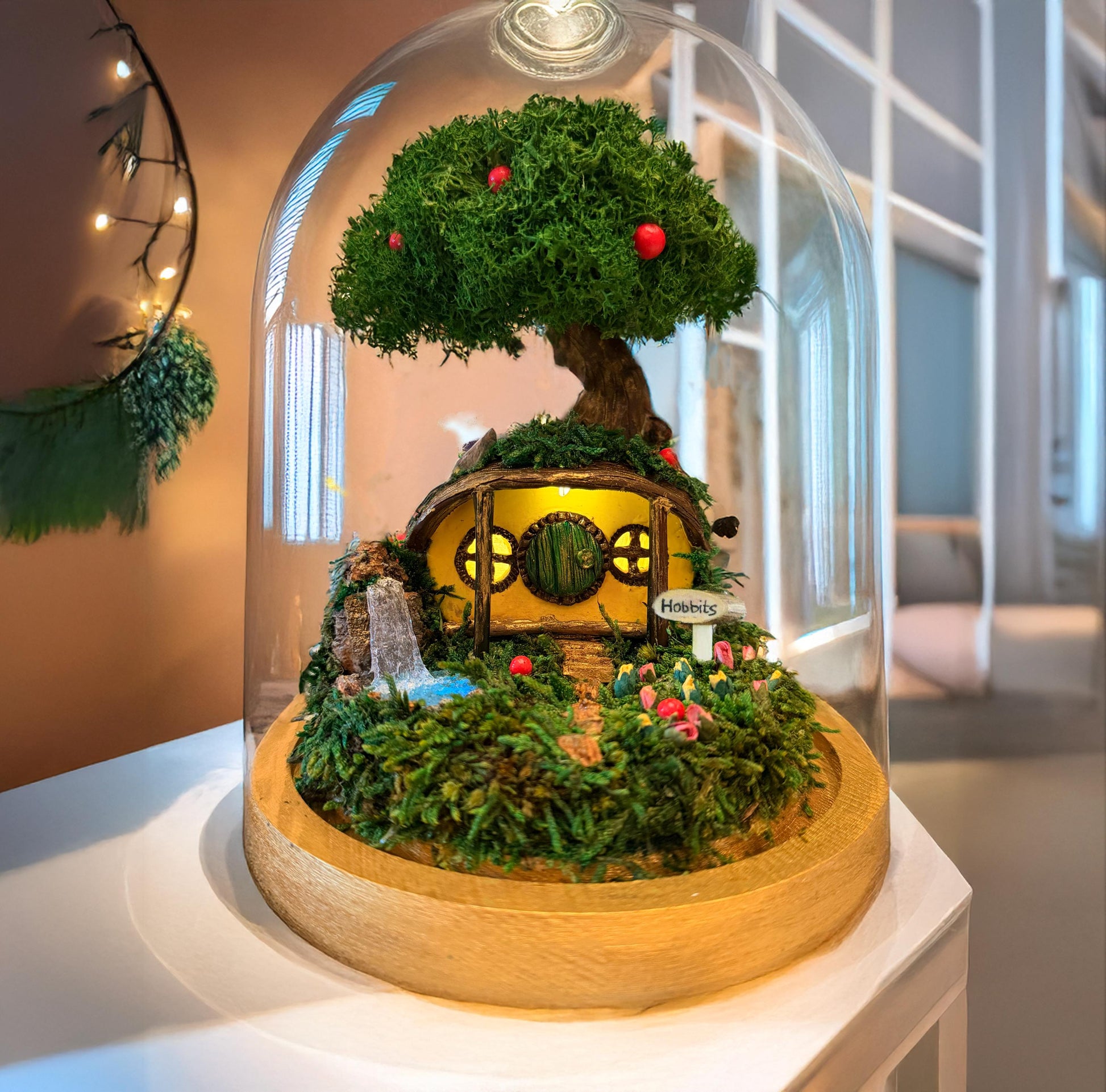 bonsai tree hobbit house Hobbit House Terrarium: Lord of the Rings Moss Terrarium in Glass Cloc – mossartbyrishstudio