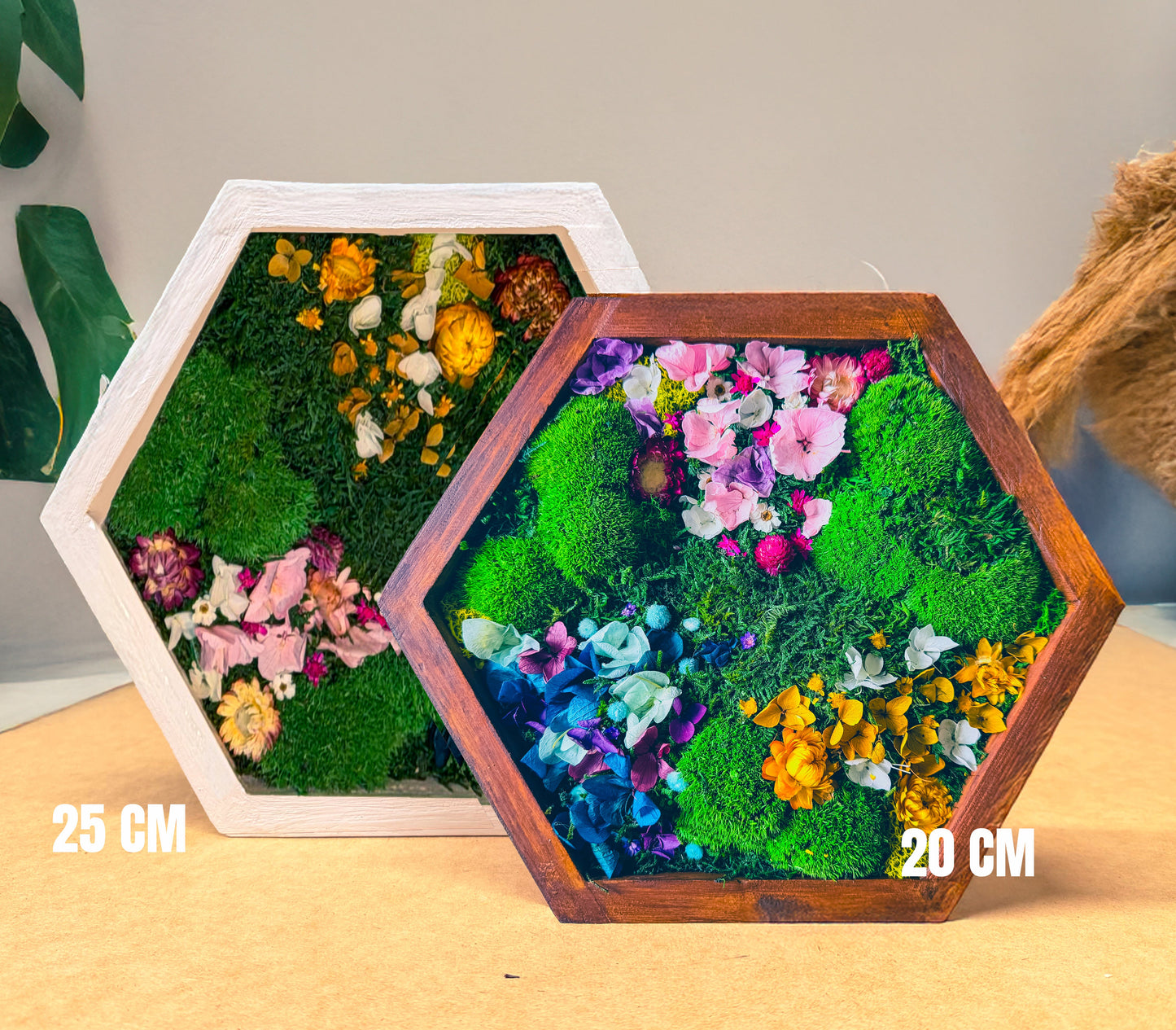Hexagon Moss Wall Art | Preserved Moss & Dried Floral Frame | Biophilic Decor RishStudio