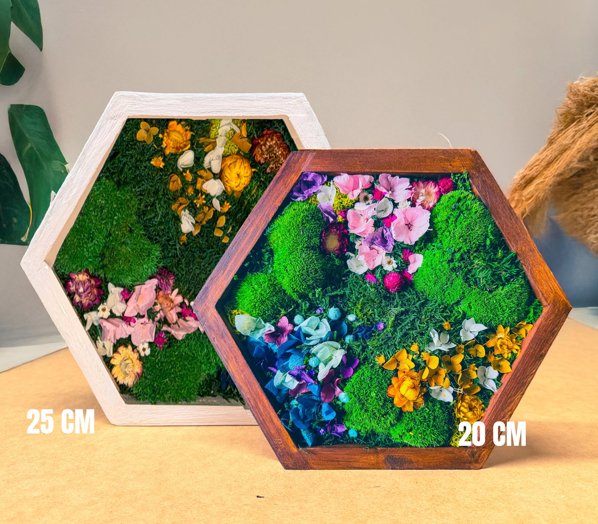 Hexagon Moss Wall Art | Preserved Moss & Dried Floral Frame | Biophilic Decor RishStudio