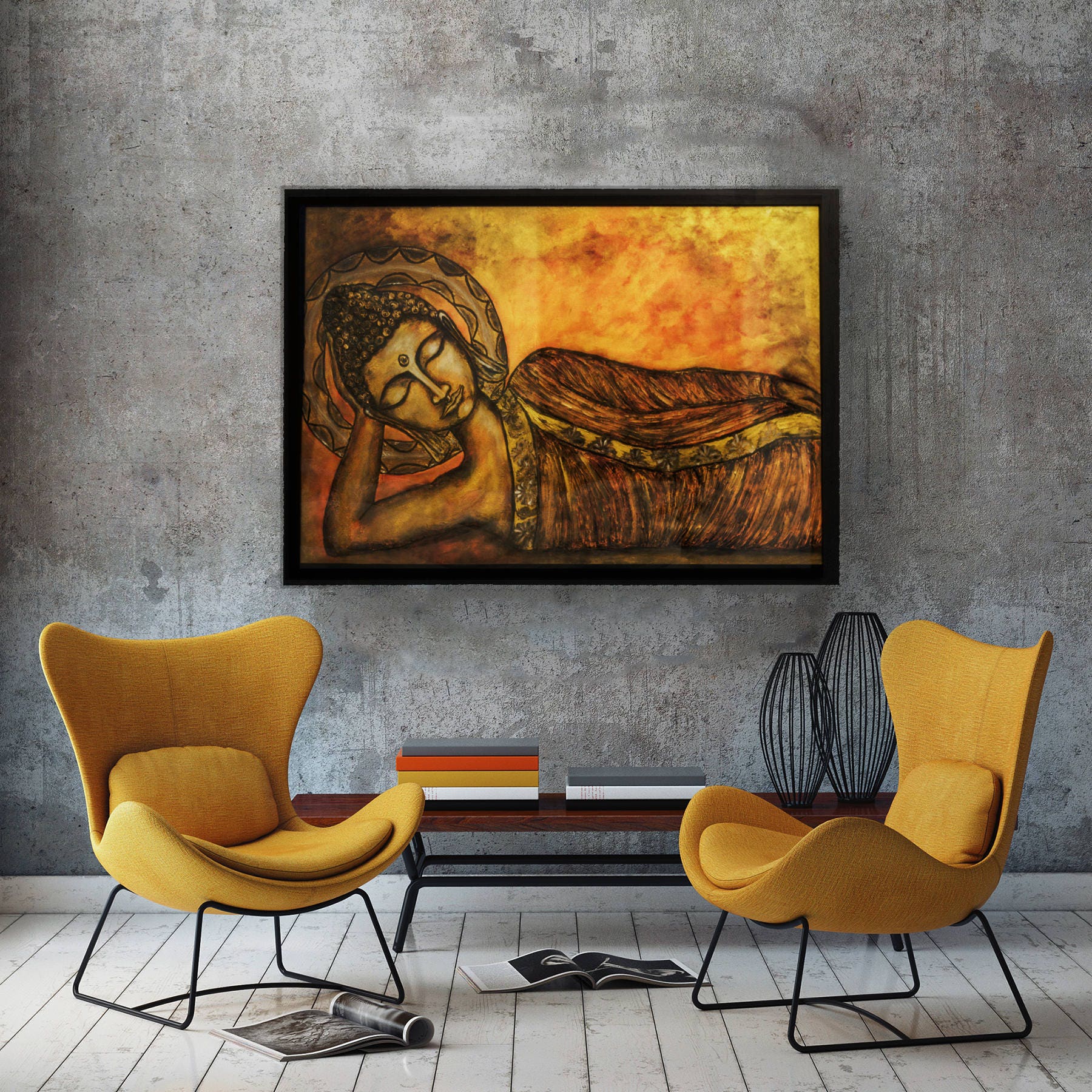 Hand-Painted Reclining Buddha Wall Art – Spiritual Zen Canvas Painting, Serene Buddhist Décor, Meditation Room Artwork, Rustic Gold Tones mossartbyrishstudio