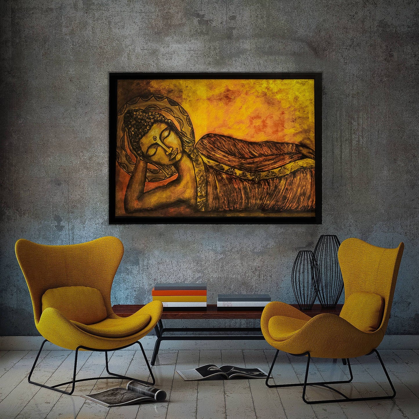 Hand-Painted Reclining Buddha Wall Art – Spiritual Zen Canvas Painting, Serene Buddhist Décor, Meditation Room Artwork, Rustic Gold Tones mossartbyrishstudio