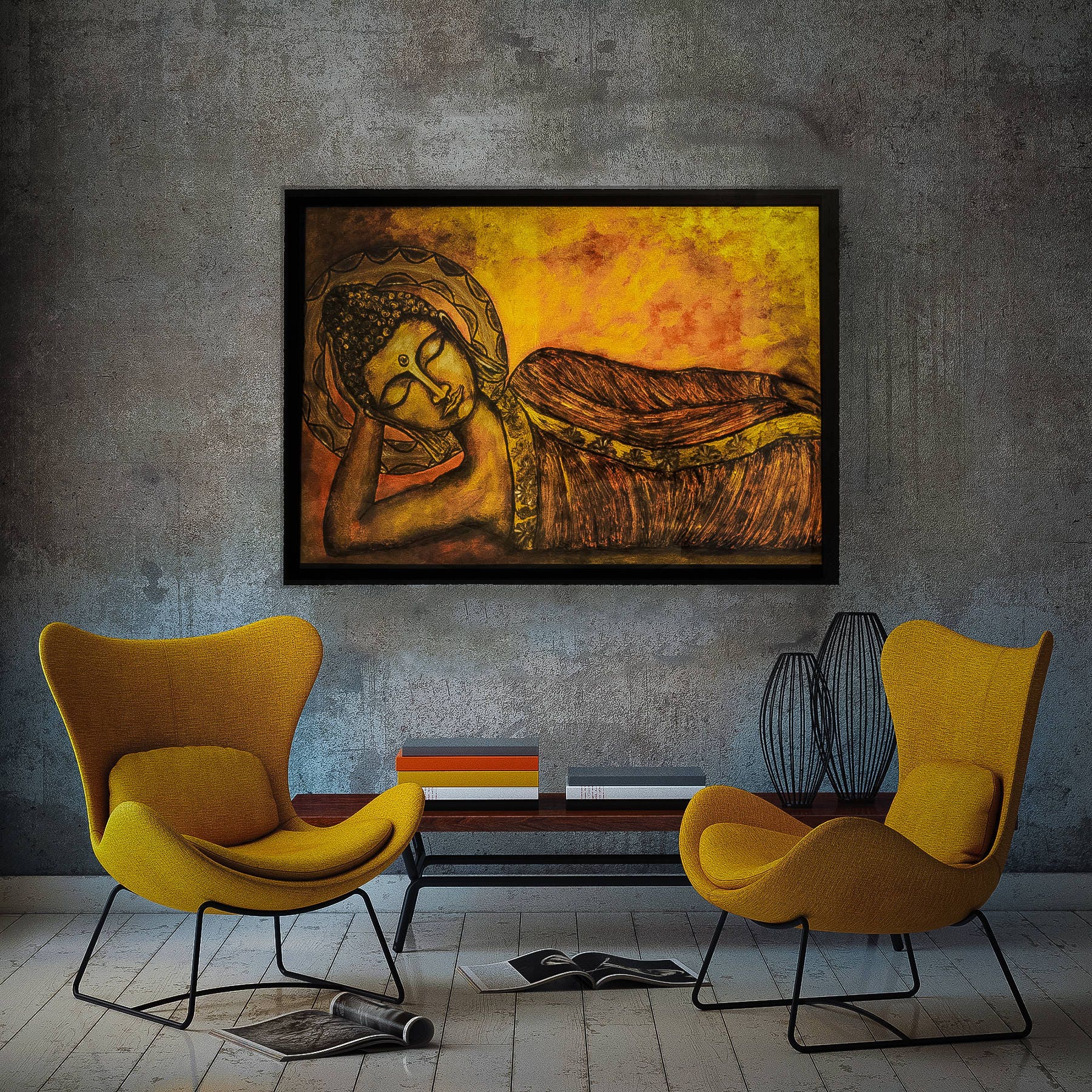 Hand-Painted Reclining Buddha Wall Art – Spiritual Zen Canvas Painting, Serene Buddhist Décor, Meditation Room Artwork, Rustic Gold Tones mossartbyrishstudio