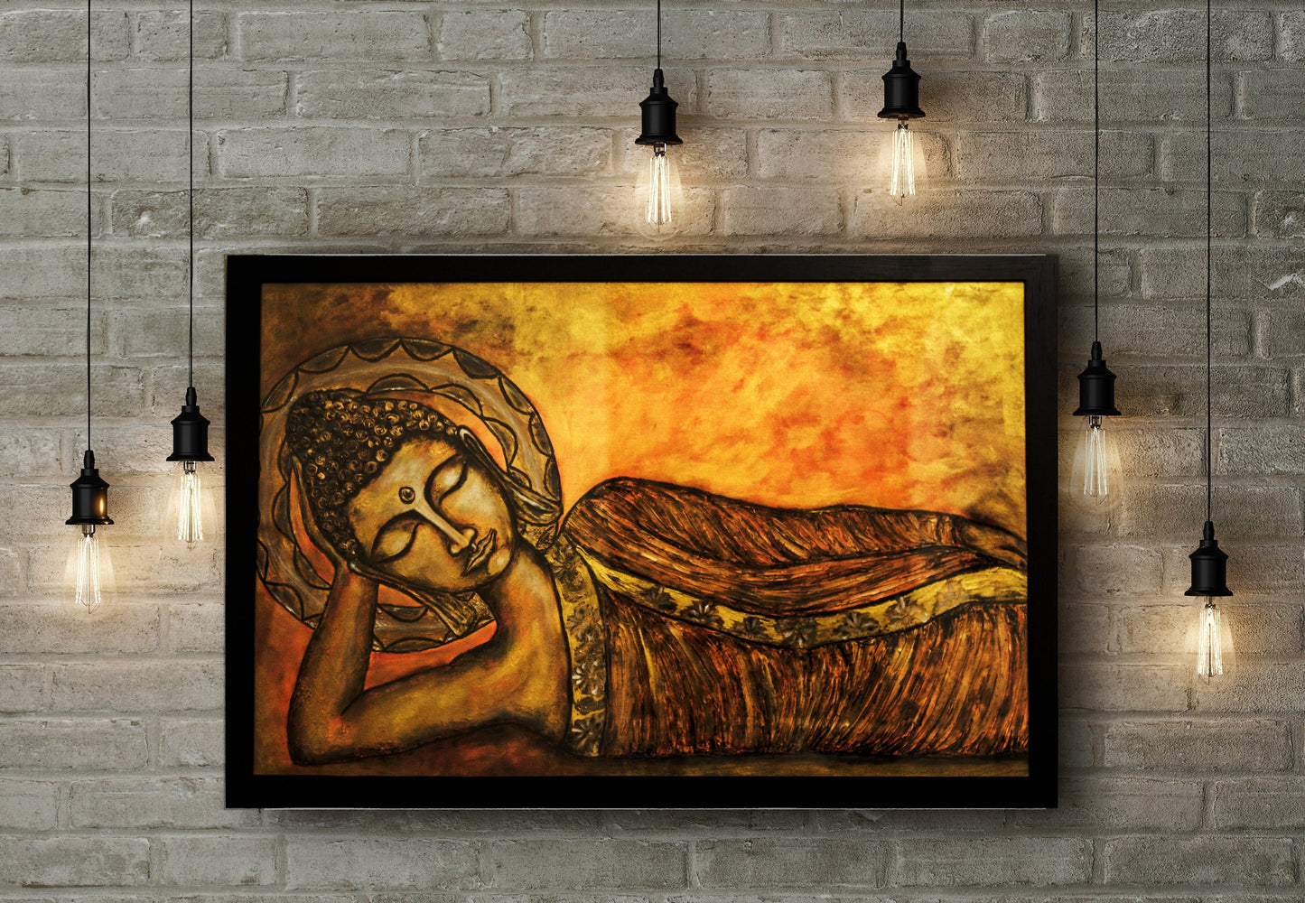 Hand-Painted Reclining Buddha Wall Art – Spiritual Zen Canvas Painting, Serene Buddhist Décor, Meditation Room Artwork, Rustic Gold Tones mossartbyrishstudio