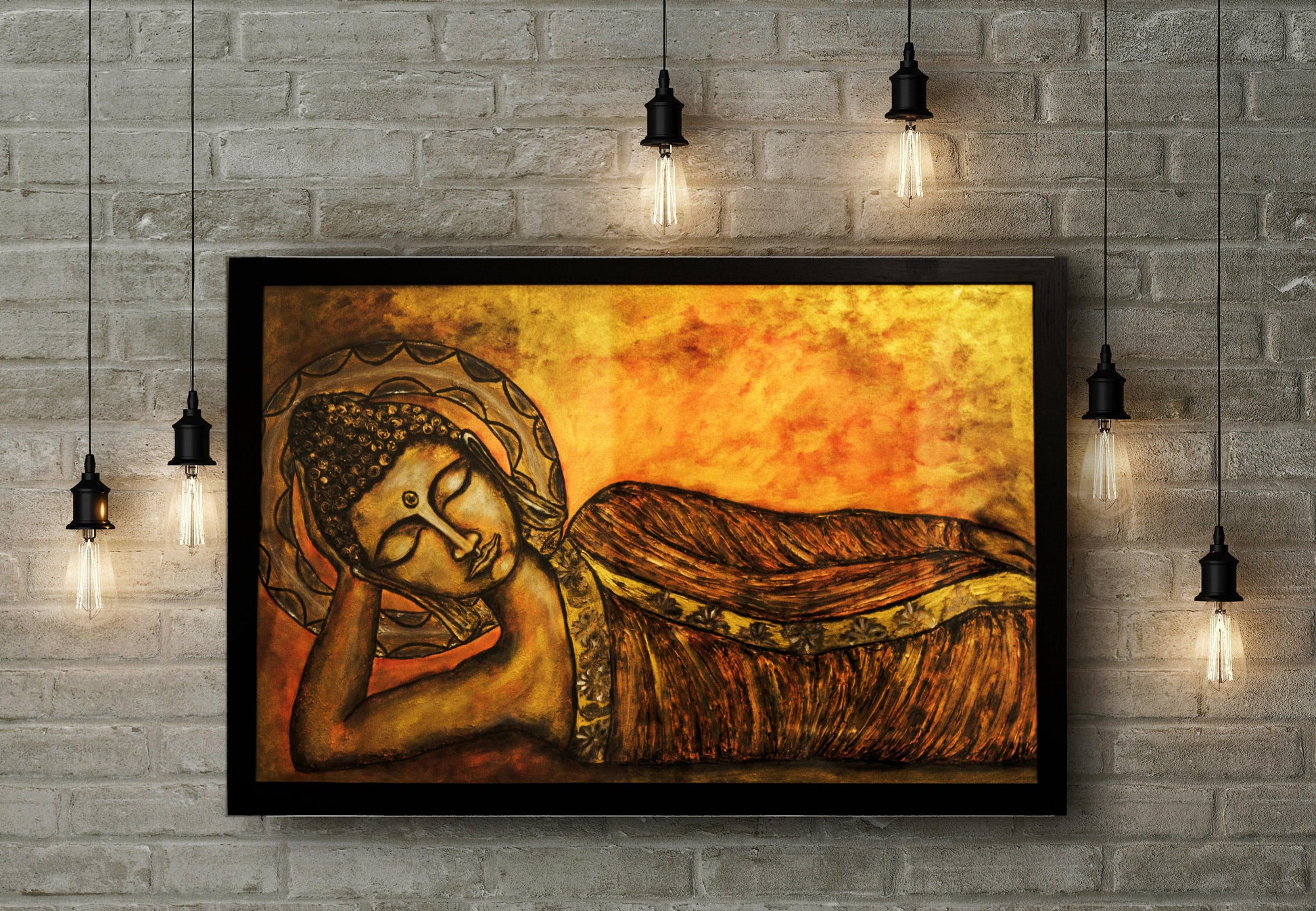 Hand-Painted Reclining Buddha Wall Art – Spiritual Zen Canvas Painting, Serene Buddhist Décor, Meditation Room Artwork, Rustic Gold Tones mossartbyrishstudio