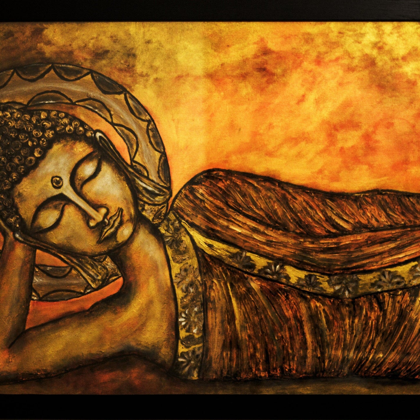 Hand-Painted Reclining Buddha Wall Art – Spiritual Zen Canvas Painting, Serene Buddhist Décor, Meditation Room Artwork, Rustic Gold Tones mossartbyrishstudio