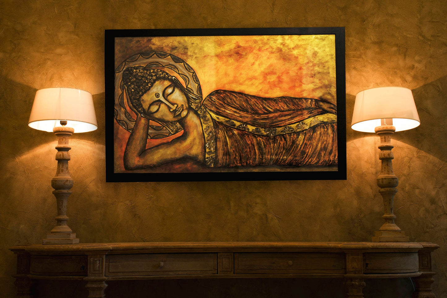 Hand-Painted Reclining Buddha Wall Art – Spiritual Zen Canvas Painting, Serene Buddhist Décor, Meditation Room Artwork, Rustic Gold Tones mossartbyrishstudio