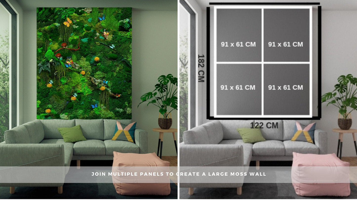 Custom Moss Wall Art – Lush Greenery with Butterfly Accents for Home Décor RishStudio