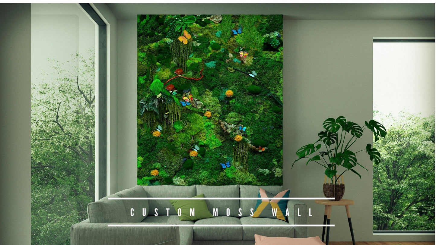 Custom Moss Wall Art – Lush Greenery with Butterfly Accents for Home Décor RishStudio