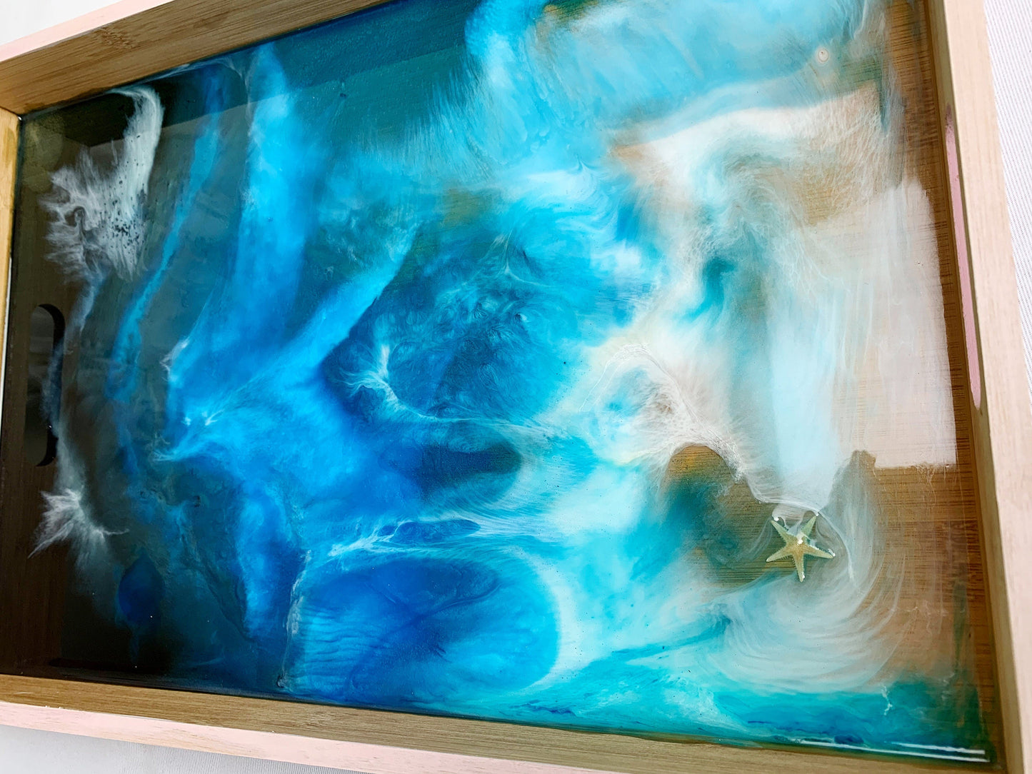 Ocean Resin Art Serving Tray | Handmade Wooden Beach Tray for Coastal Decor mossartbyrishstudio