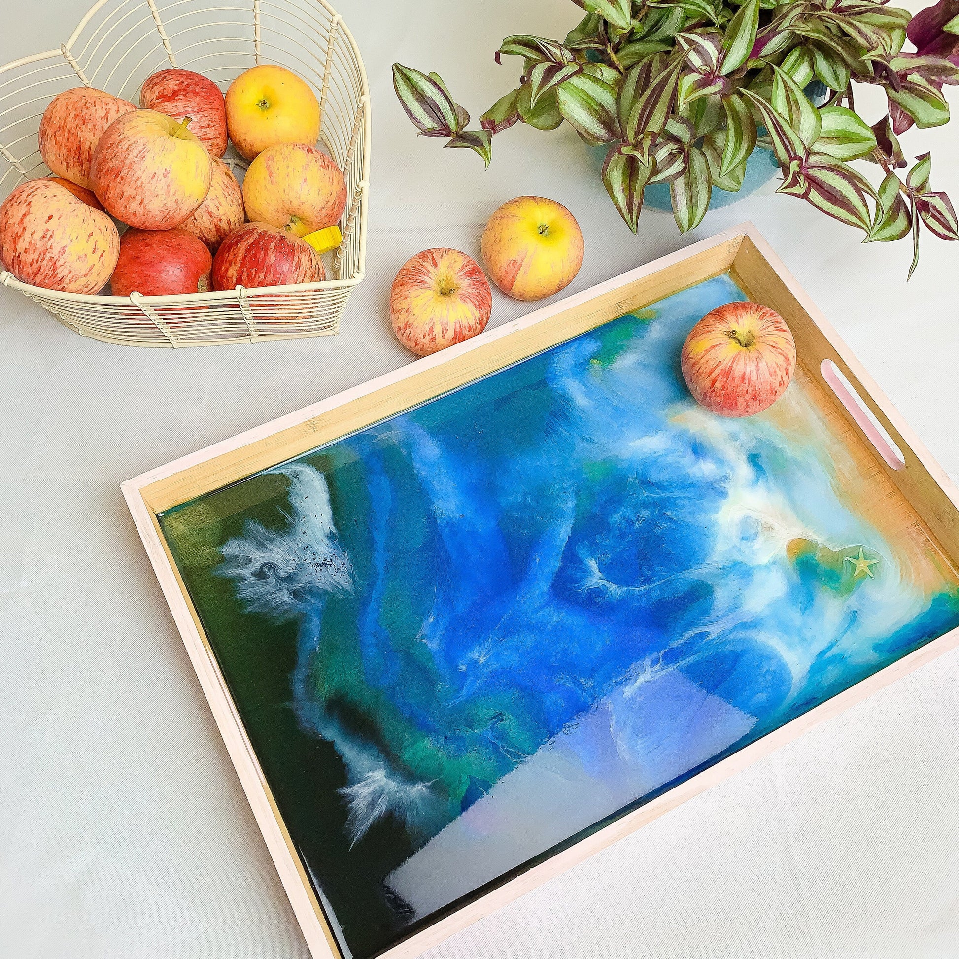 Ocean Resin Art Serving Tray | Handmade Wooden Beach Tray for Coastal Decor mossartbyrishstudio