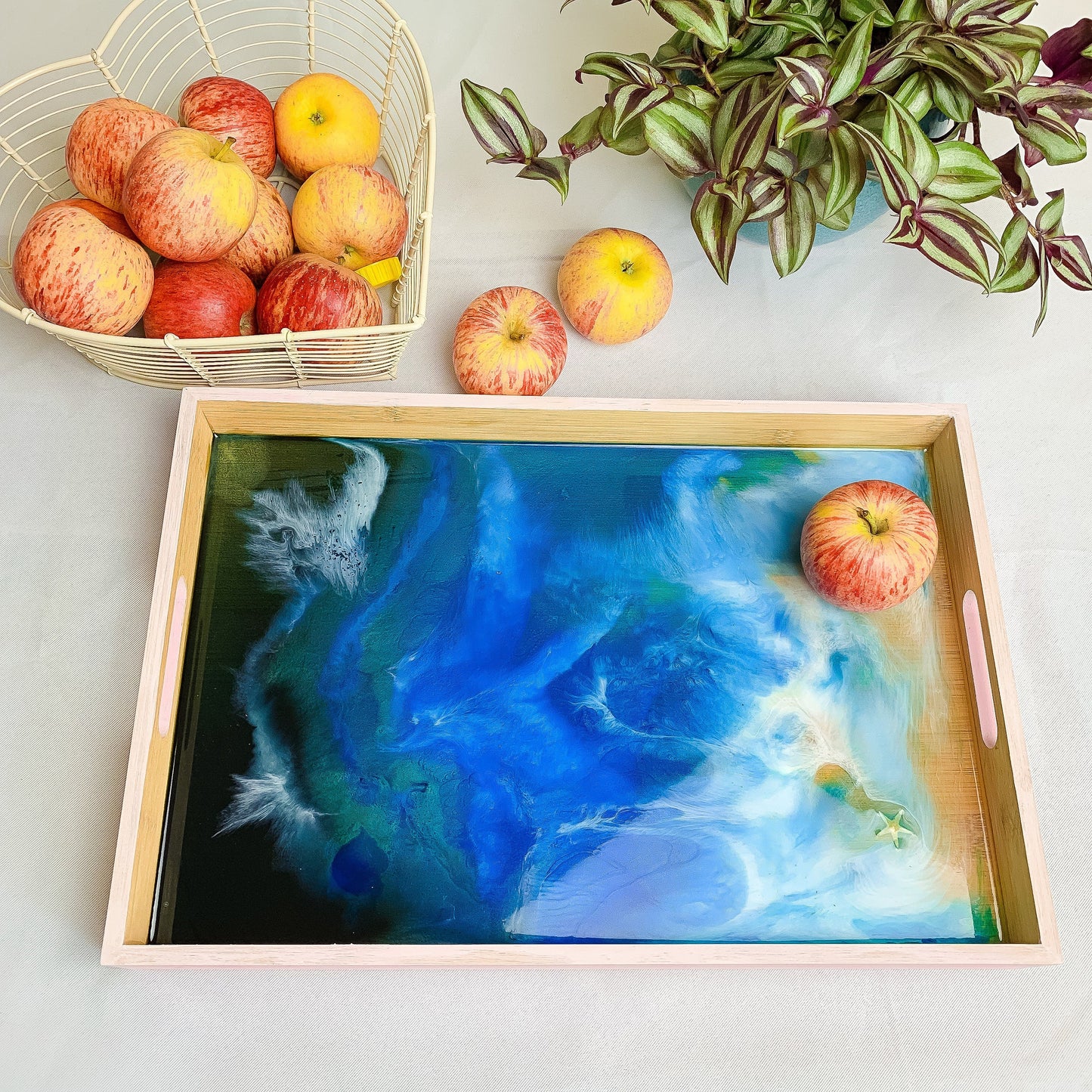 Ocean Resin Art Serving Tray | Handmade Wooden Beach Tray for Coastal Decor mossartbyrishstudio