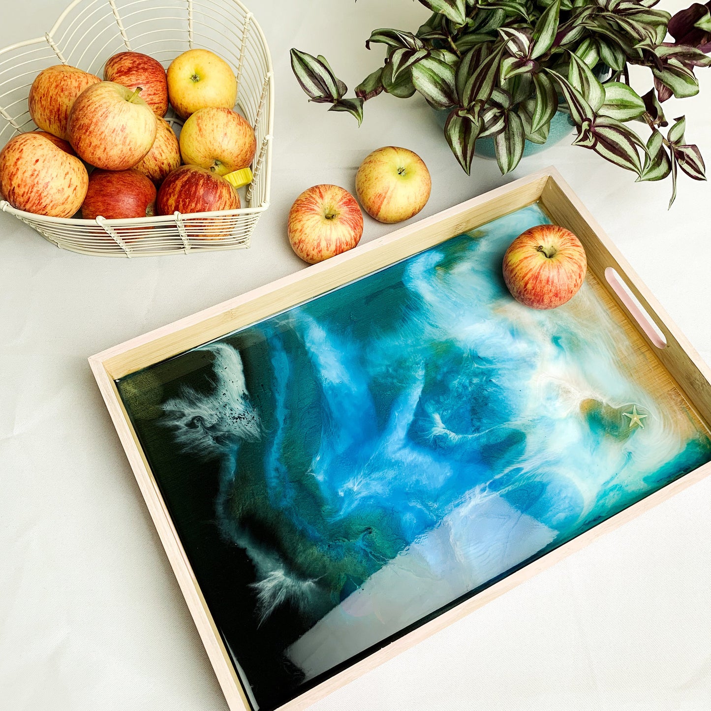 Ocean Resin Art Serving Tray | Handmade Wooden Beach Tray for Coastal Decor mossartbyrishstudio