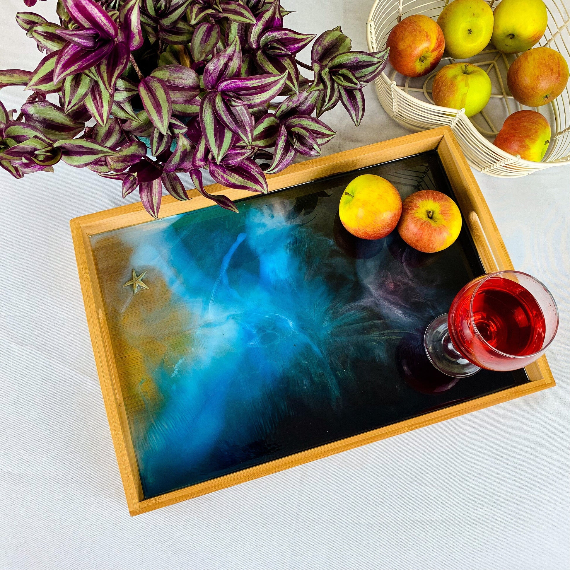 Ocean Resin Art Serving Tray | Handmade Wooden Beach Tray for Coastal Decor mossartbyrishstudio