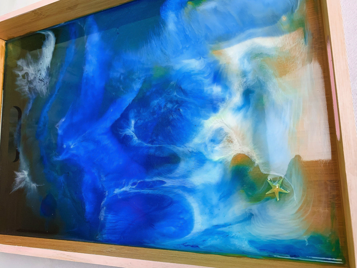 Ocean Resin Art Serving Tray | Handmade Wooden Beach Tray for Coastal Decor mossartbyrishstudio