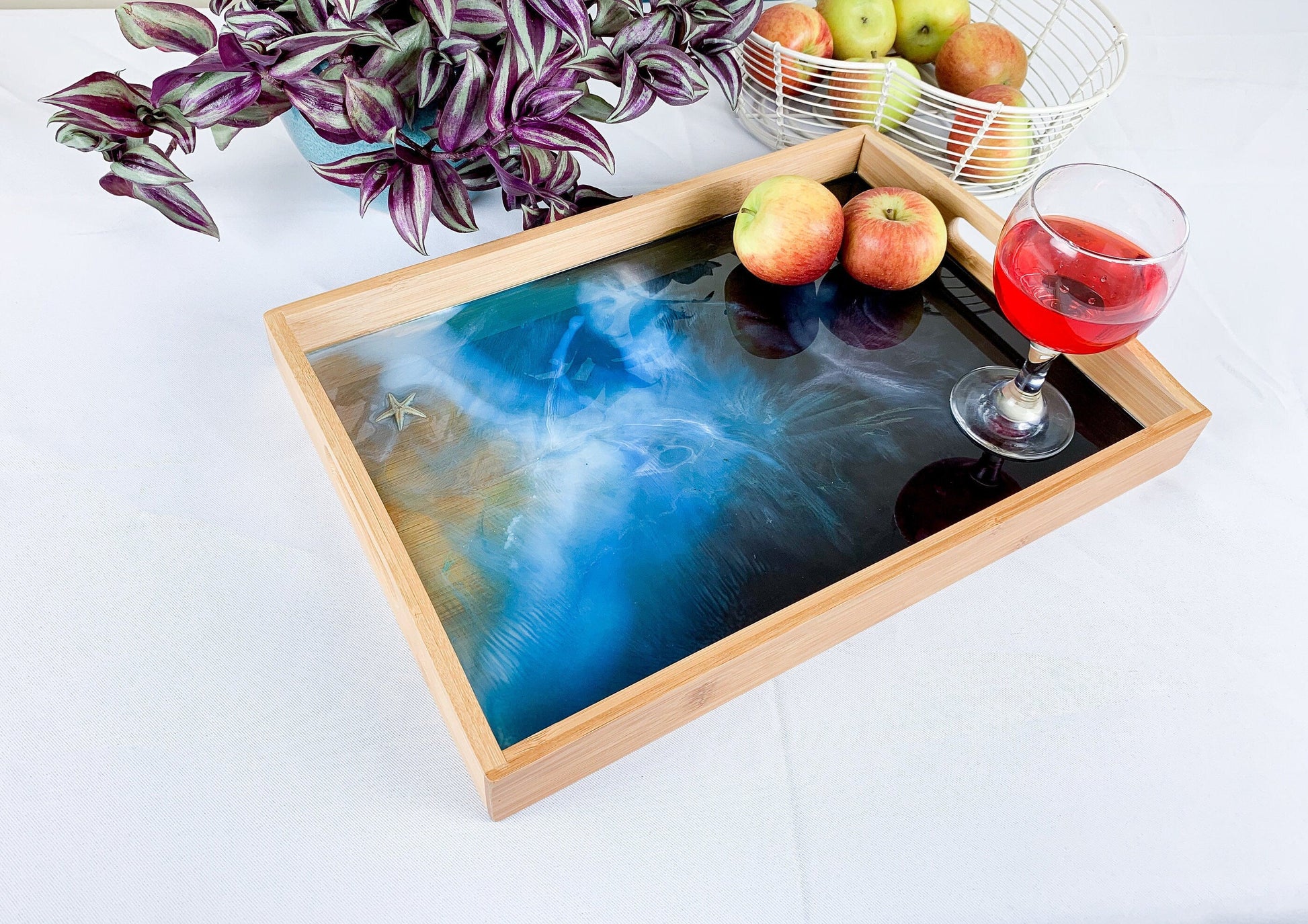Ocean Resin Art Serving Tray | Handmade Wooden Beach Tray for Coastal Decor mossartbyrishstudio