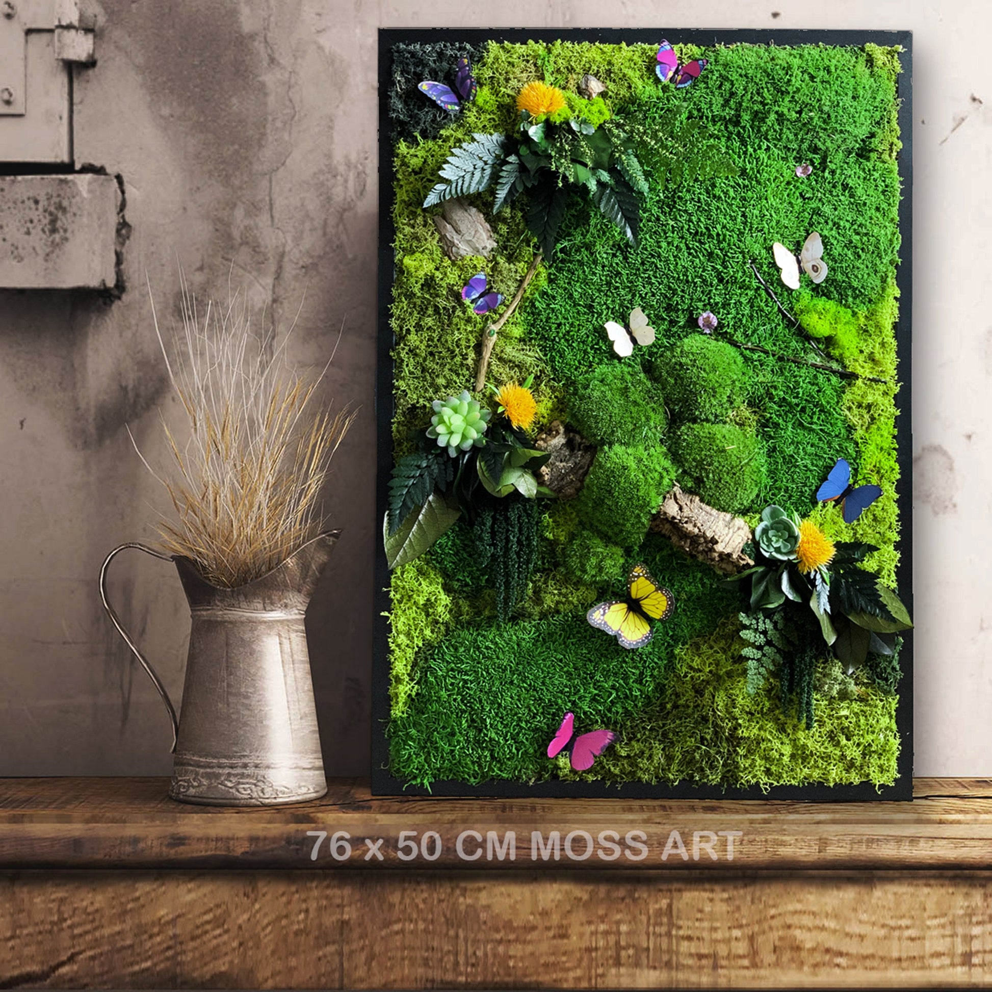 Custom Moss Wall Art – Lush Greenery with Butterfly Accents for Home Décor RishStudio