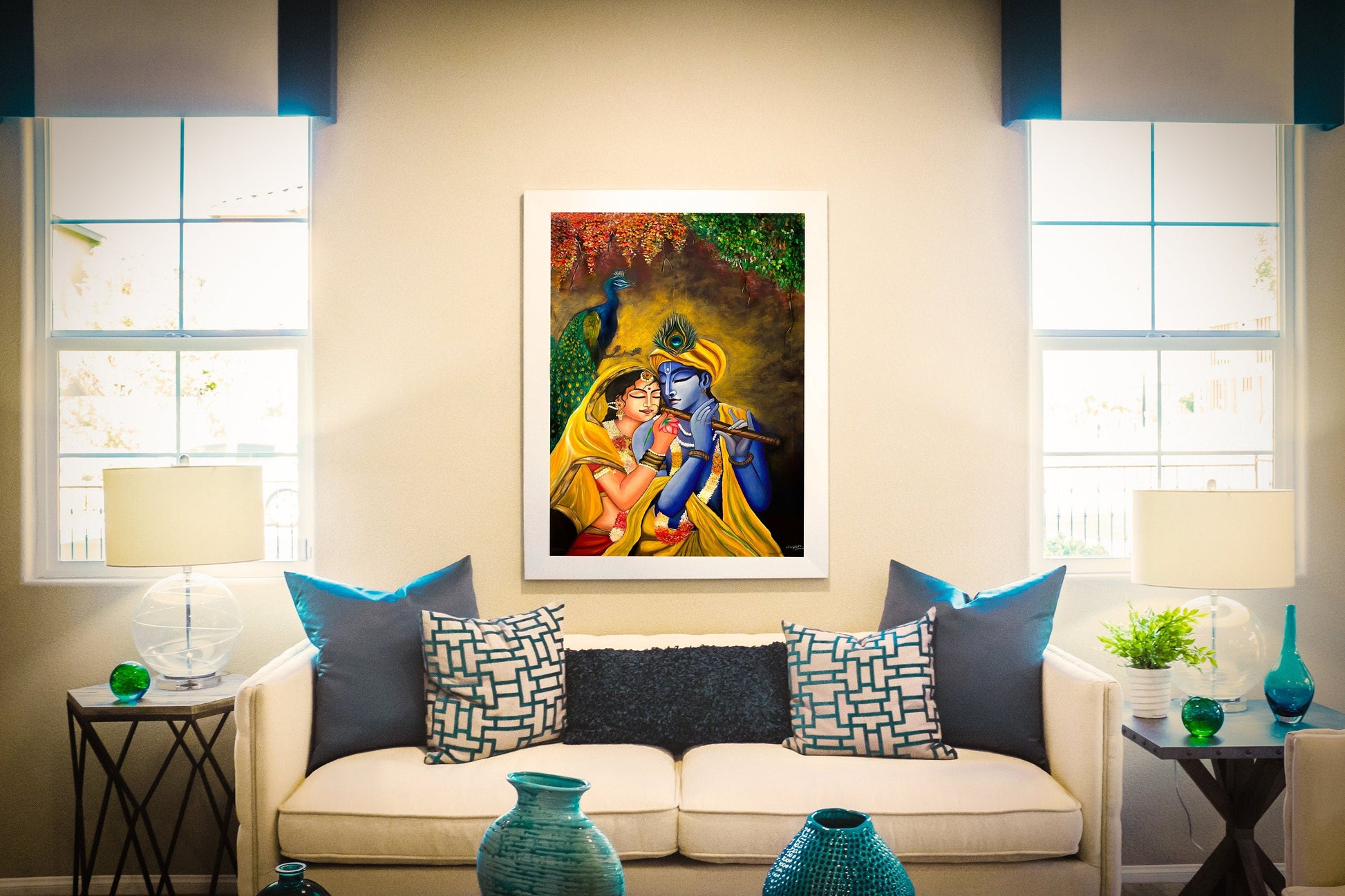 Radha Krishna Canvas Wall Art – Divine Hindu Love Painting with Peacock – Spiritual Indian Couple Artwork – Handpainted Religious Decor for Home or Gift mossartbyrishstudio