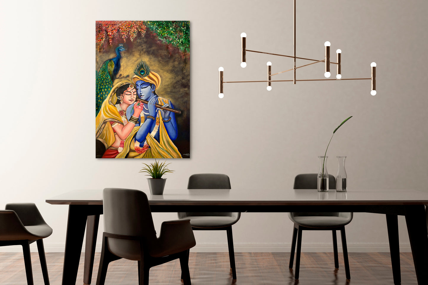 Radha Krishna Painting, Lord Krishna Playing Flute, Original Canvas Art, Hindu Spiritual Wall Decor, Indian Artwork for Home, Ready to Hang, mossartbyrishstudio