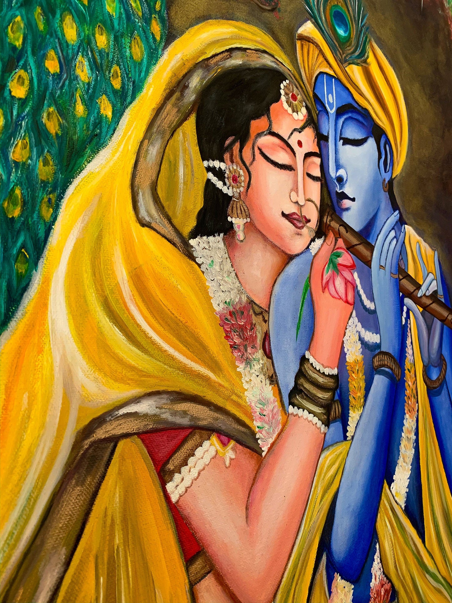 Radha Krishna Canvas Wall Art – Divine Hindu Love Painting with Peacock – Spiritual Indian Couple Artwork – Handpainted Religious Decor for Home or Gift mossartbyrishstudio