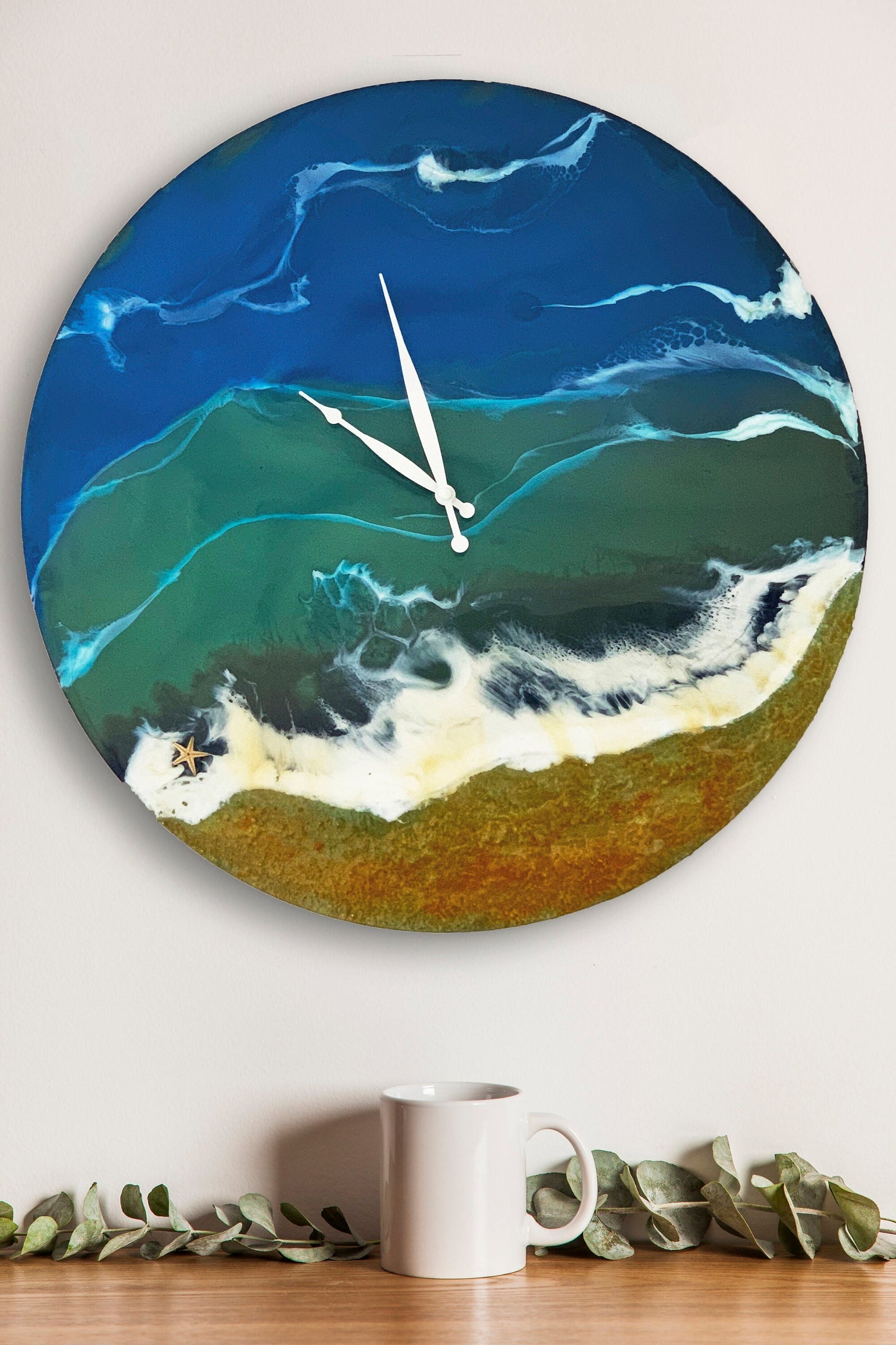 Handmade Ocean Resin Wall Clock – Coastal Beach-Inspired Epoxy Art Timepiece RishStudio