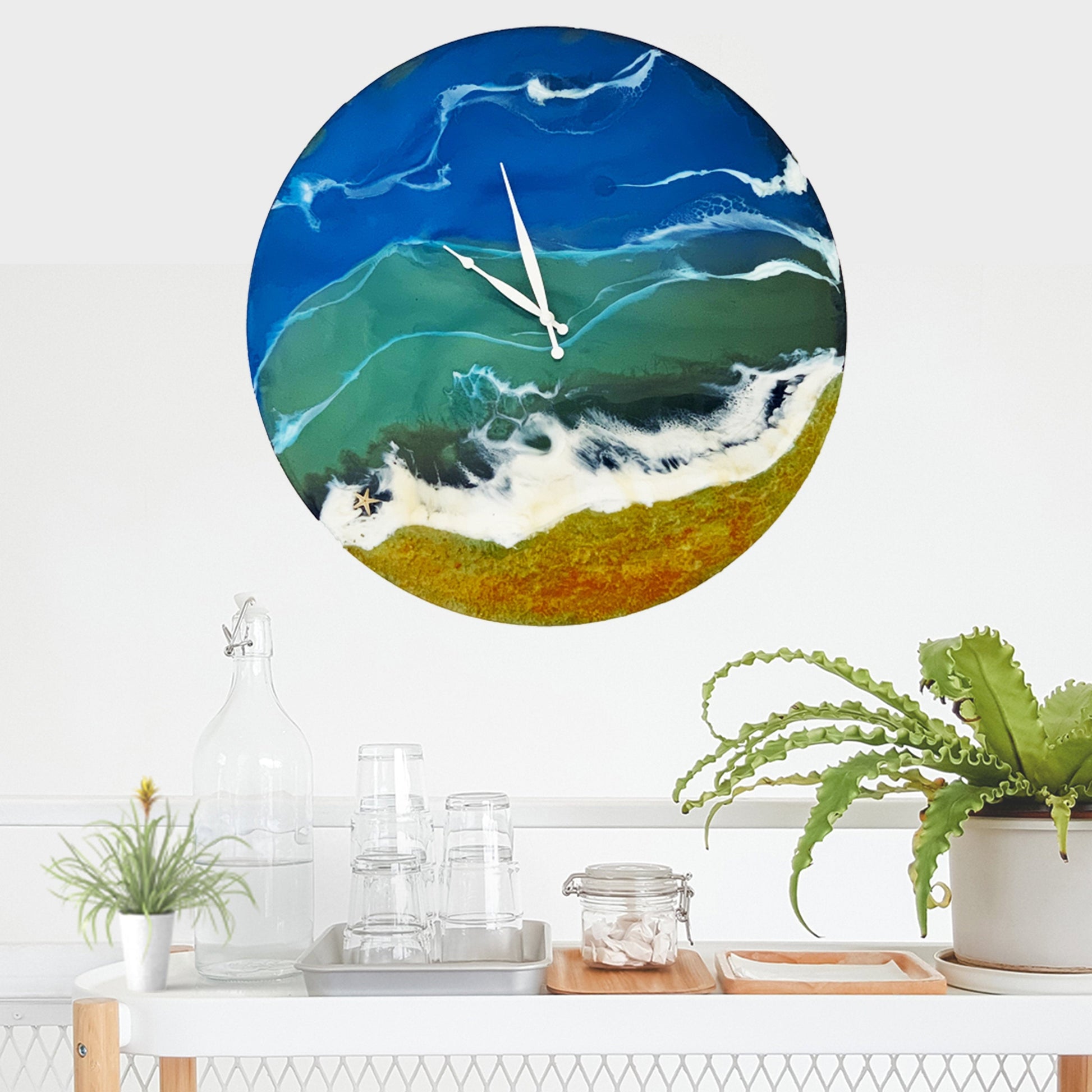 Handmade Ocean Resin Wall Clock – Coastal Beach-Inspired Epoxy Art Timepiece RishStudio