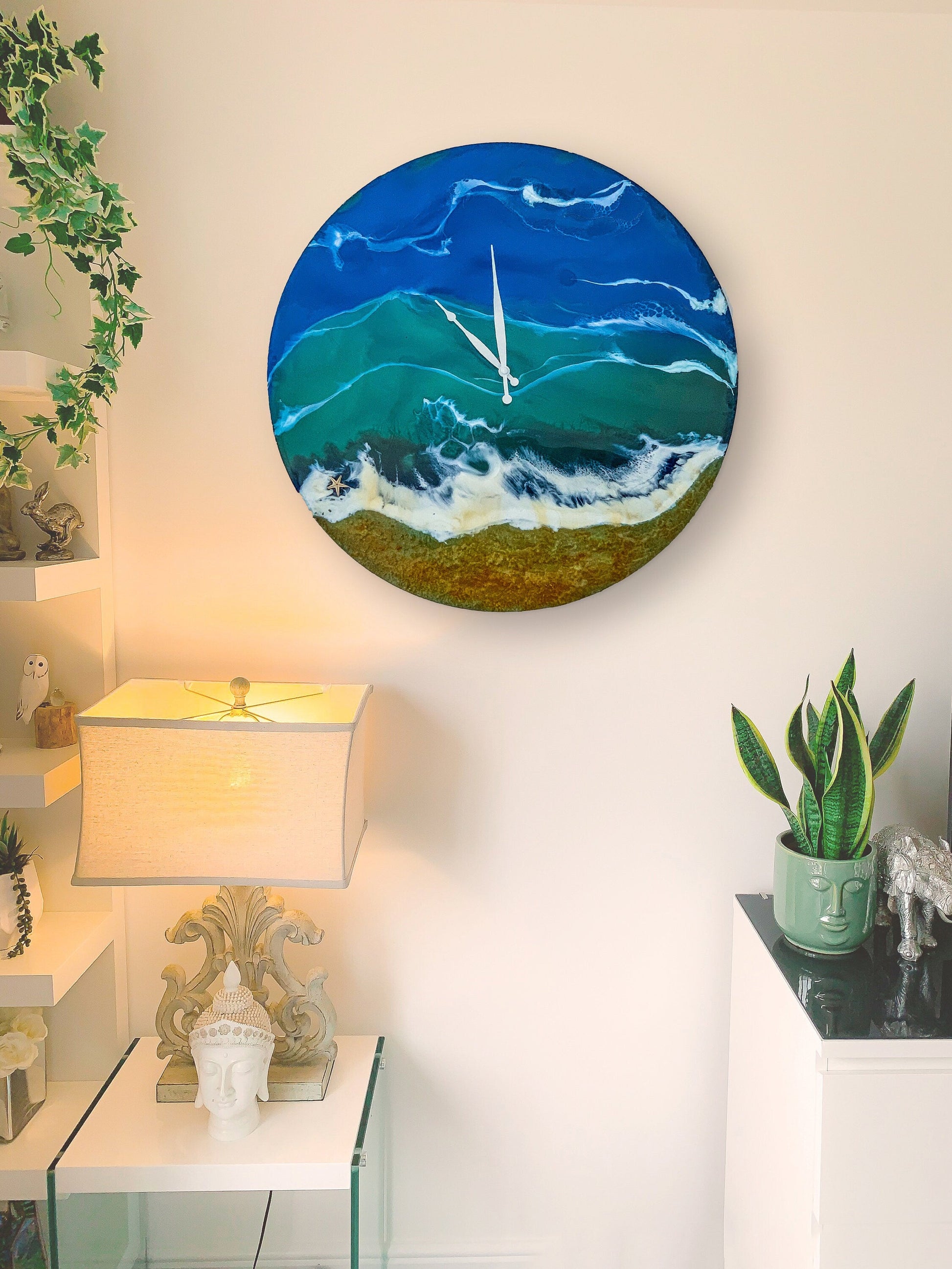 Handmade Ocean Resin Wall Clock – Coastal Beach-Inspired Epoxy Art Timepiece RishStudio