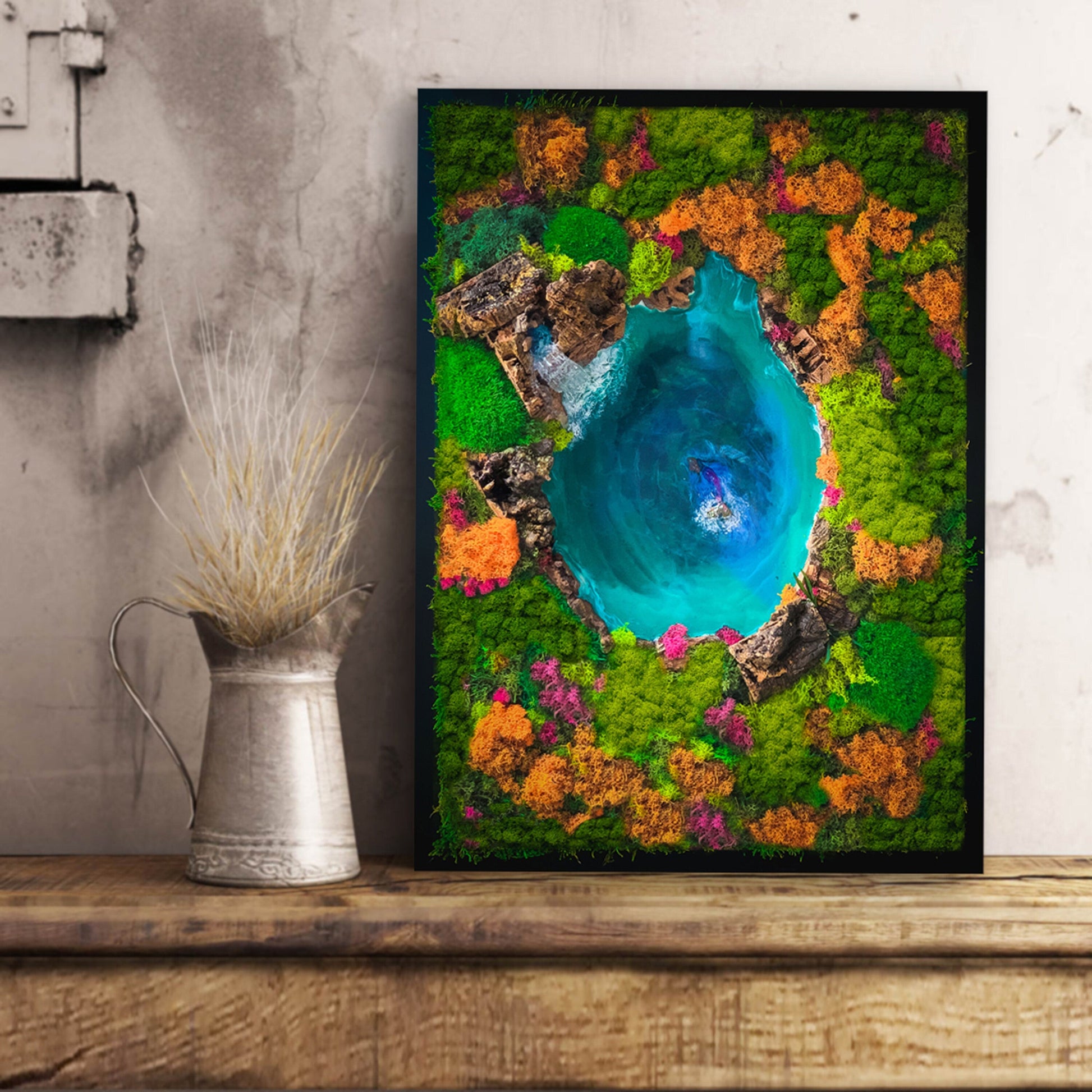 Eco-Friendly Moss & Resin Wall Art – Sustainable Blue Lagoon Landscape with Natural Bark – Handmade Nature-Inspired Decor mossartbyrishstudio