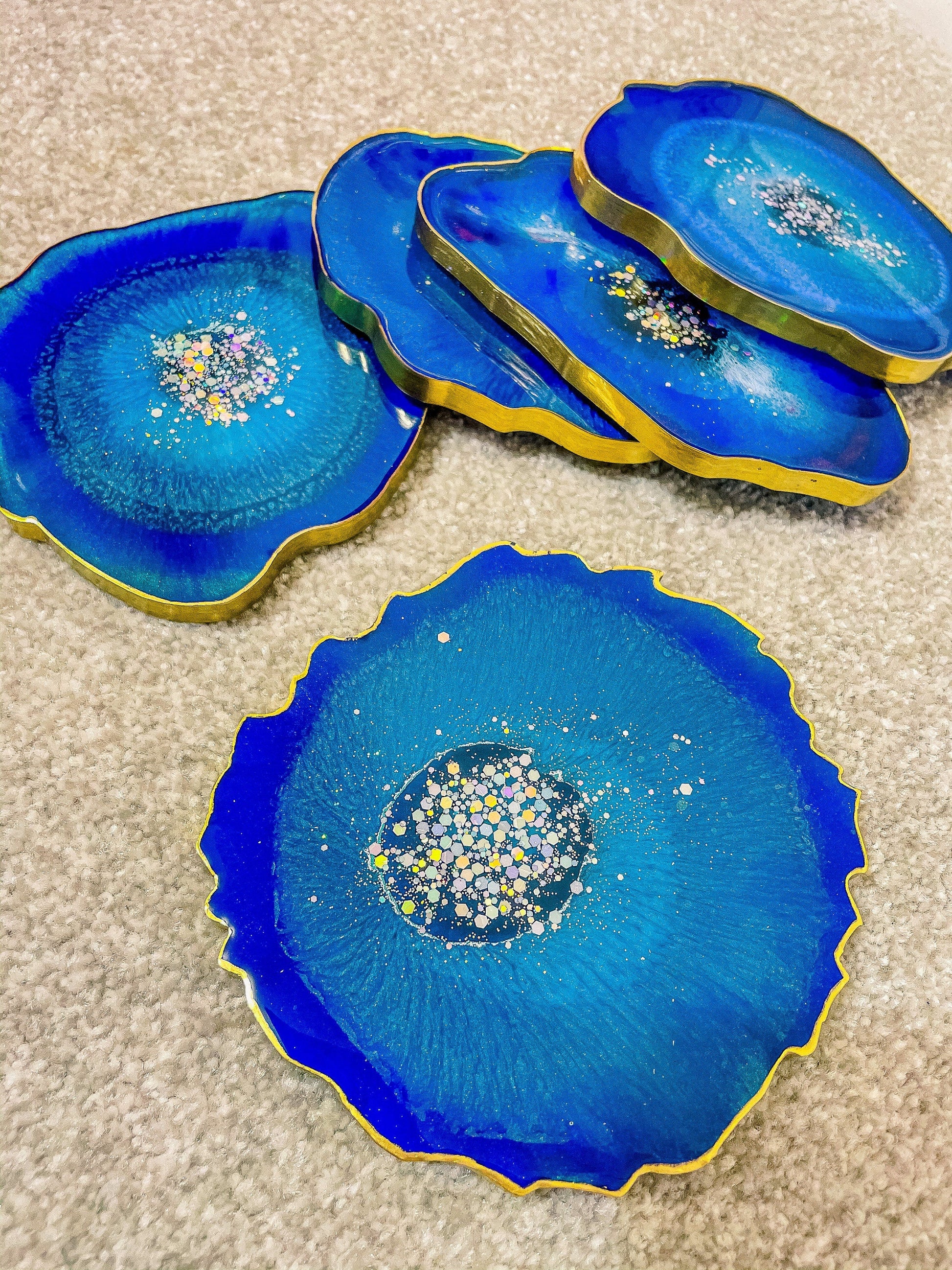 Blue resin agate coasters Set of 5 | Agate Coaster mossartbyrishstudio