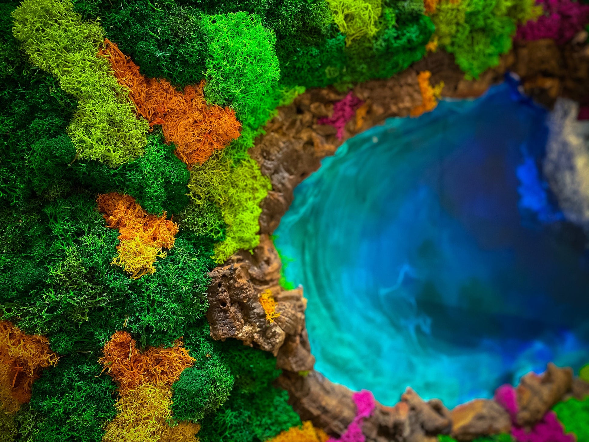 Eco-Friendly Moss & Resin Wall Art – Sustainable Blue Lagoon Landscape with Natural Bark – Handmade Nature-Inspired Decor mossartbyrishstudio