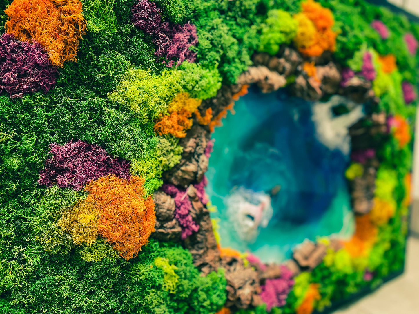 Eco-Friendly Moss & Resin Wall Art – Sustainable Blue Lagoon Landscape with Natural Bark – Handmade Nature-Inspired Decor mossartbyrishstudio