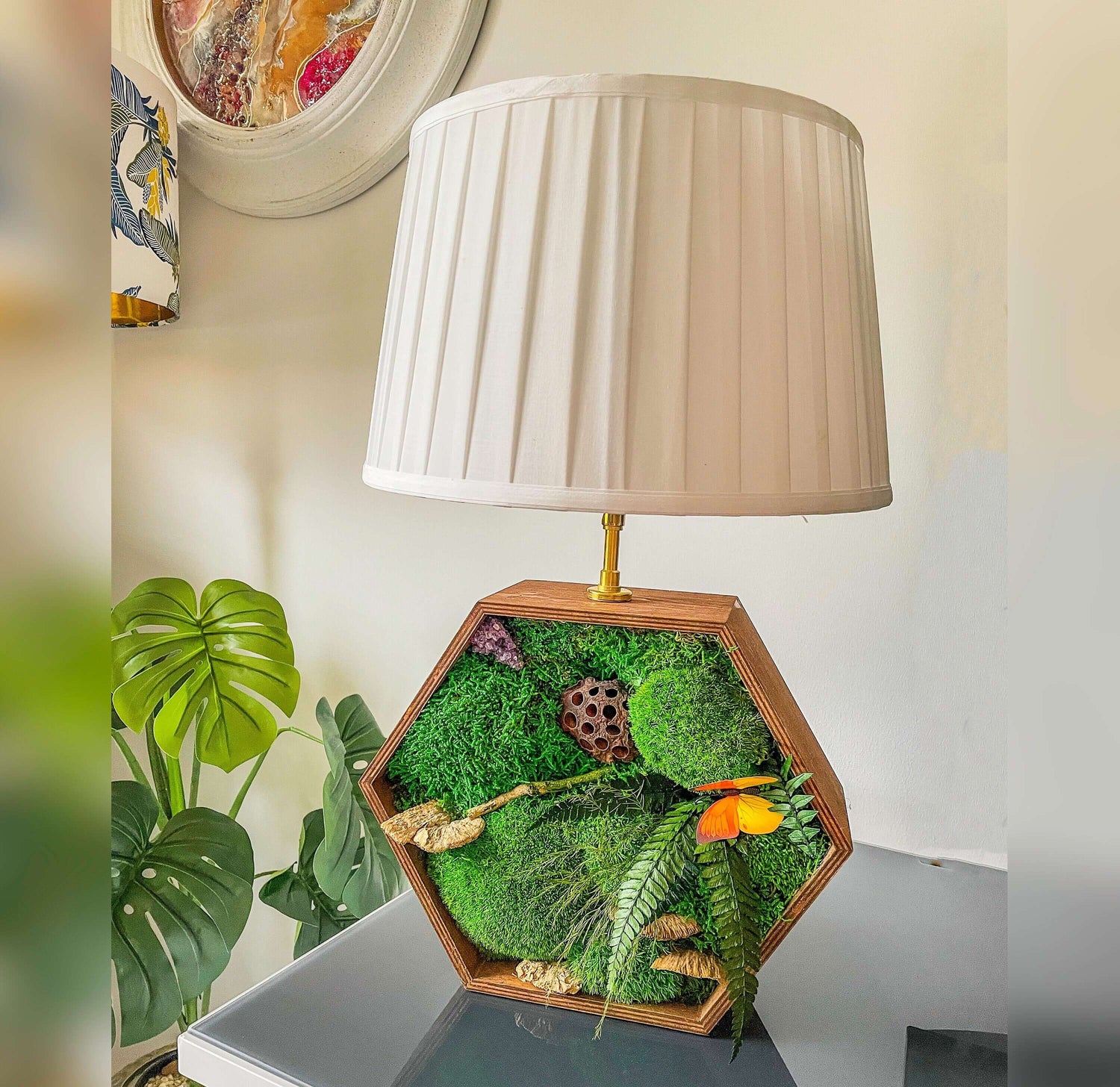 handmade table lamp, wooden table lamp, table lamp, hexagonal lamp,