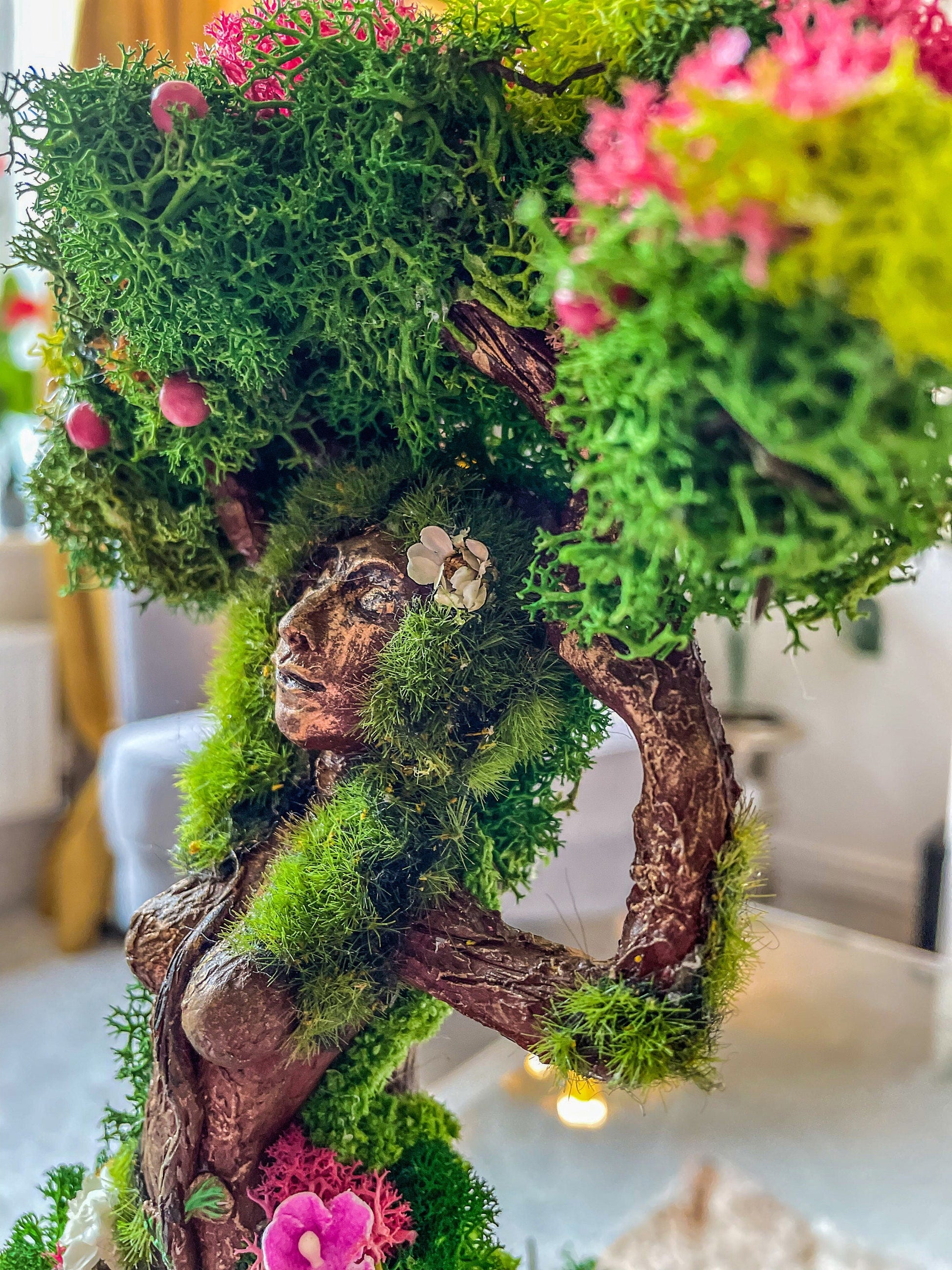 Mother Earth Tree Goddess Terrarium – Preserved Moss & Floral Sculpture in Glass Dome – Handmade Nature Spirit Decor – Gaia Earth Goddess Gift mossartbyrishstudio