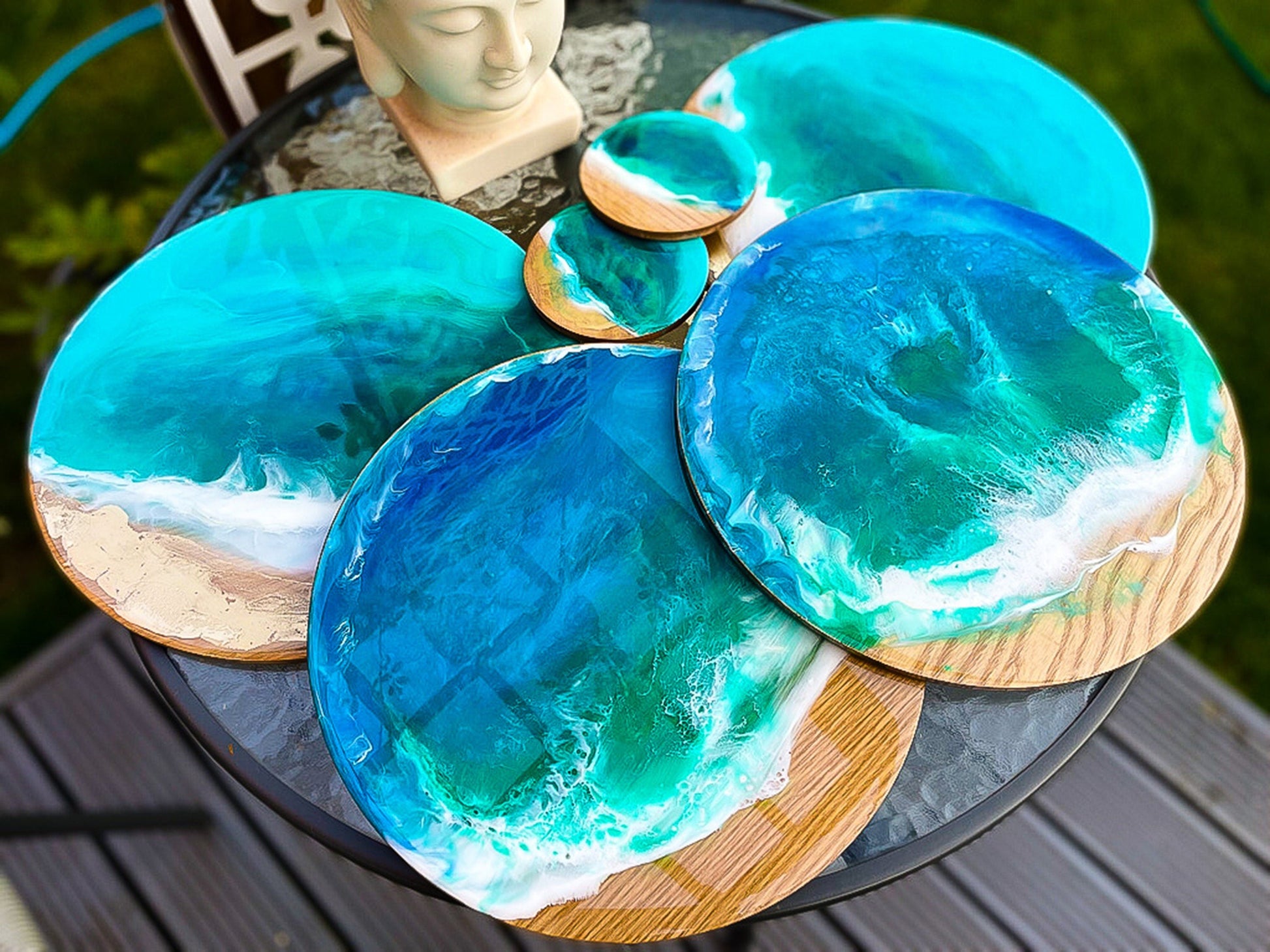 Bamboo Placemats, Ocean waves wooden placemats and coaster sets, mossartbyrishstudio