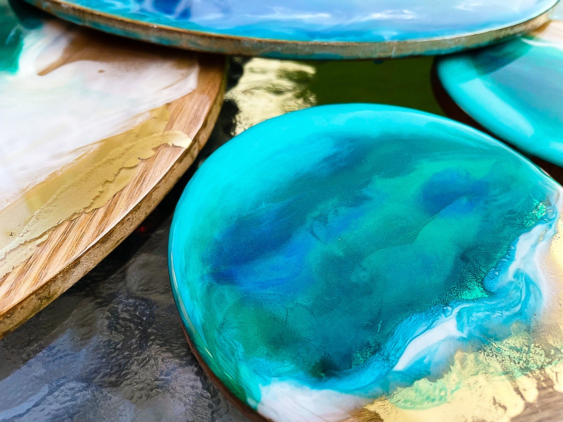 Bamboo Placemats, Ocean waves wooden placemats and coaster sets, mossartbyrishstudio