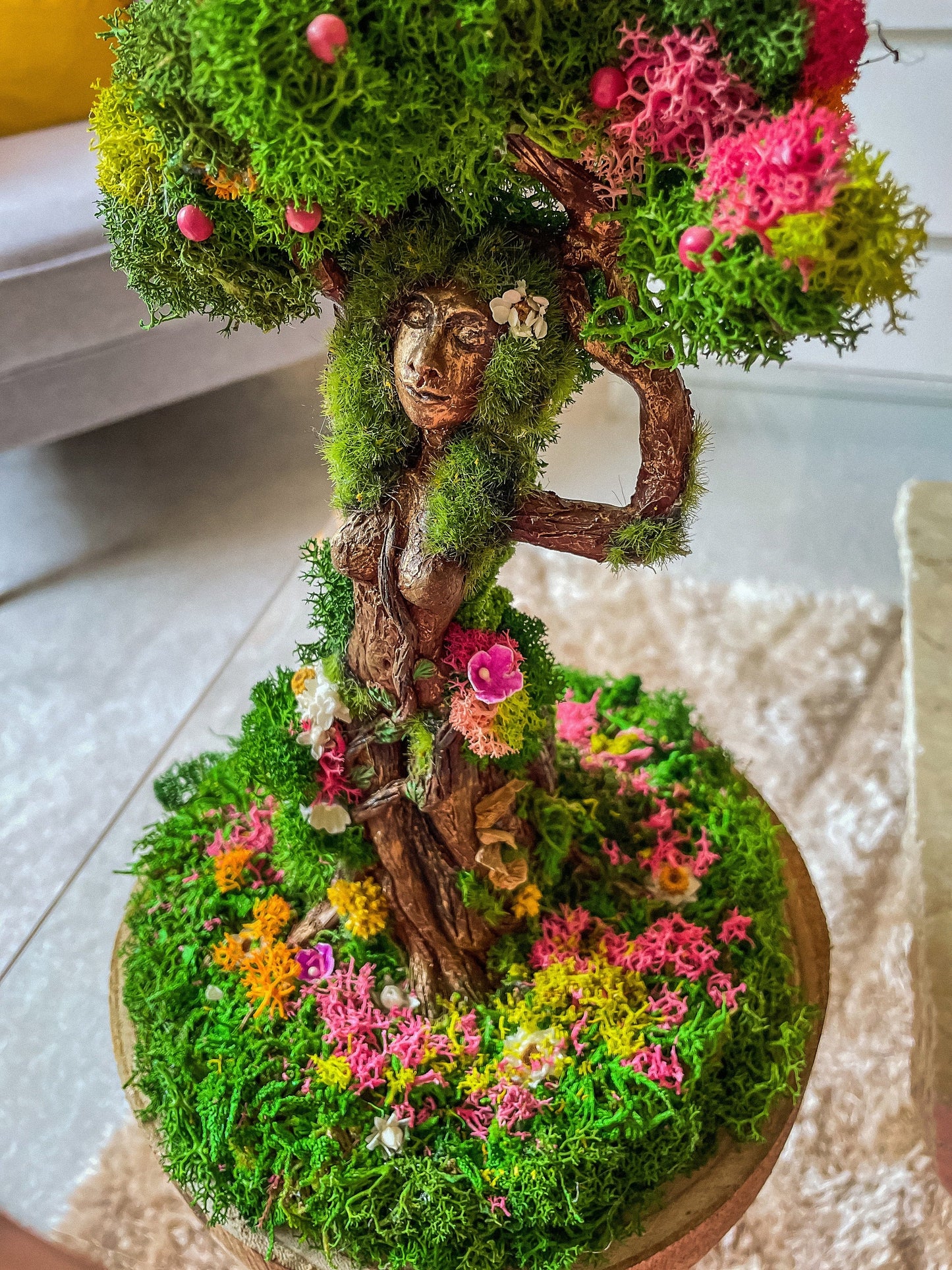 Mother Earth Tree Goddess Terrarium – Preserved Moss & Floral Sculpture in Glass Dome – Handmade Nature Spirit Decor – Gaia Earth Goddess Gift mossartbyrishstudio