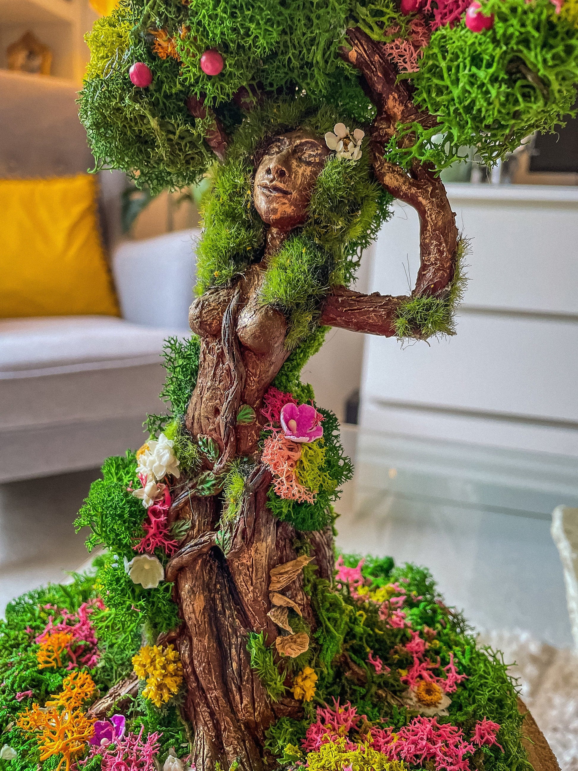 Mother Earth Tree Goddess Terrarium – Preserved Moss & Floral Sculpture in Glass Dome – Handmade Nature Spirit Decor – Gaia Earth Goddess Gift mossartbyrishstudio