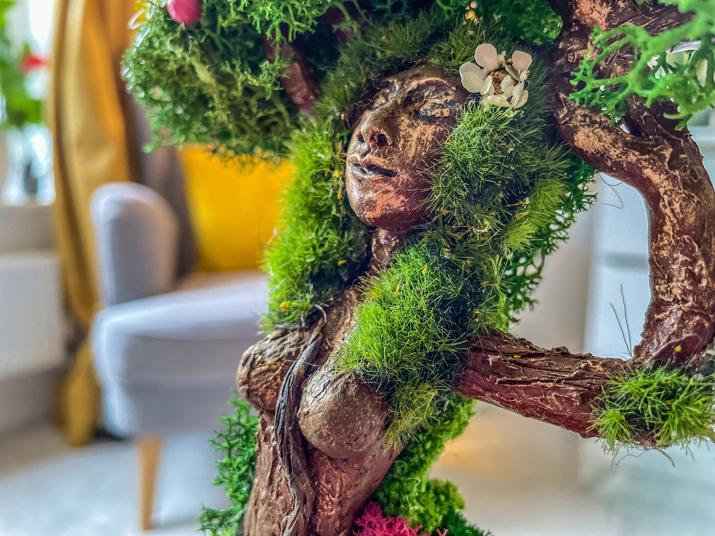 Mother Earth Tree Goddess Terrarium – Preserved Moss & Floral Sculpture in Glass Dome – Handmade Nature Spirit Decor – Gaia Earth Goddess Gift mossartbyrishstudio