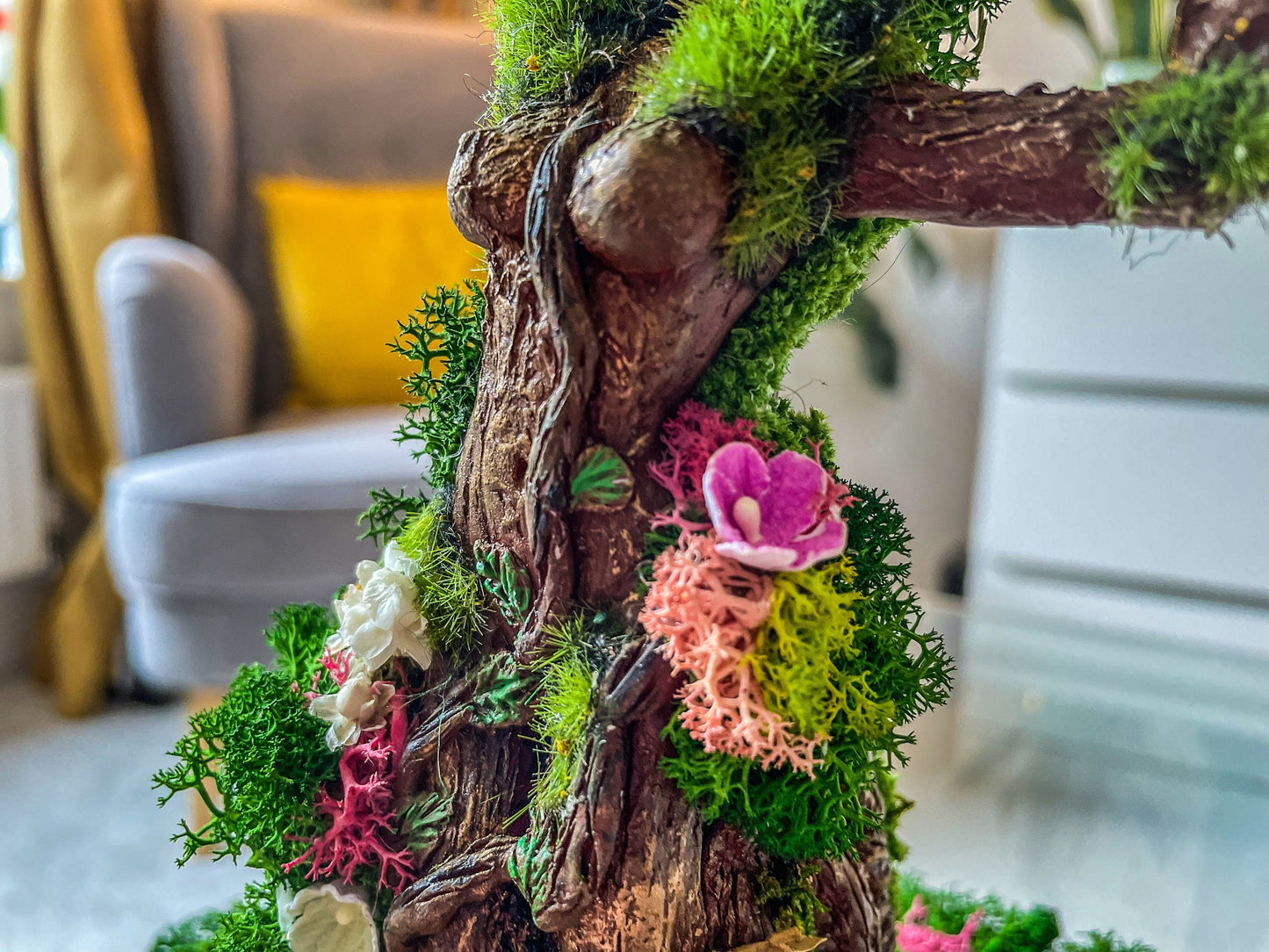 Mother Earth Tree Goddess Terrarium – Preserved Moss & Floral Sculpture in Glass Dome – Handmade Nature Spirit Decor – Gaia Earth Goddess Gift mossartbyrishstudio