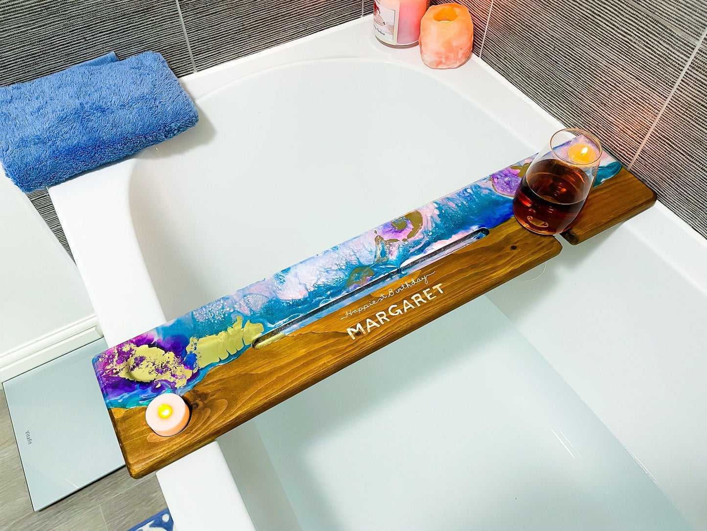 Bath Caddy Tray, Personalised bath Tray, Bathtub Caddy With Wine & Tablet Holder, Christmas Gifts, Bathtub Caddy Tray, Gift for Her, Bath, mossartbyrishstudio