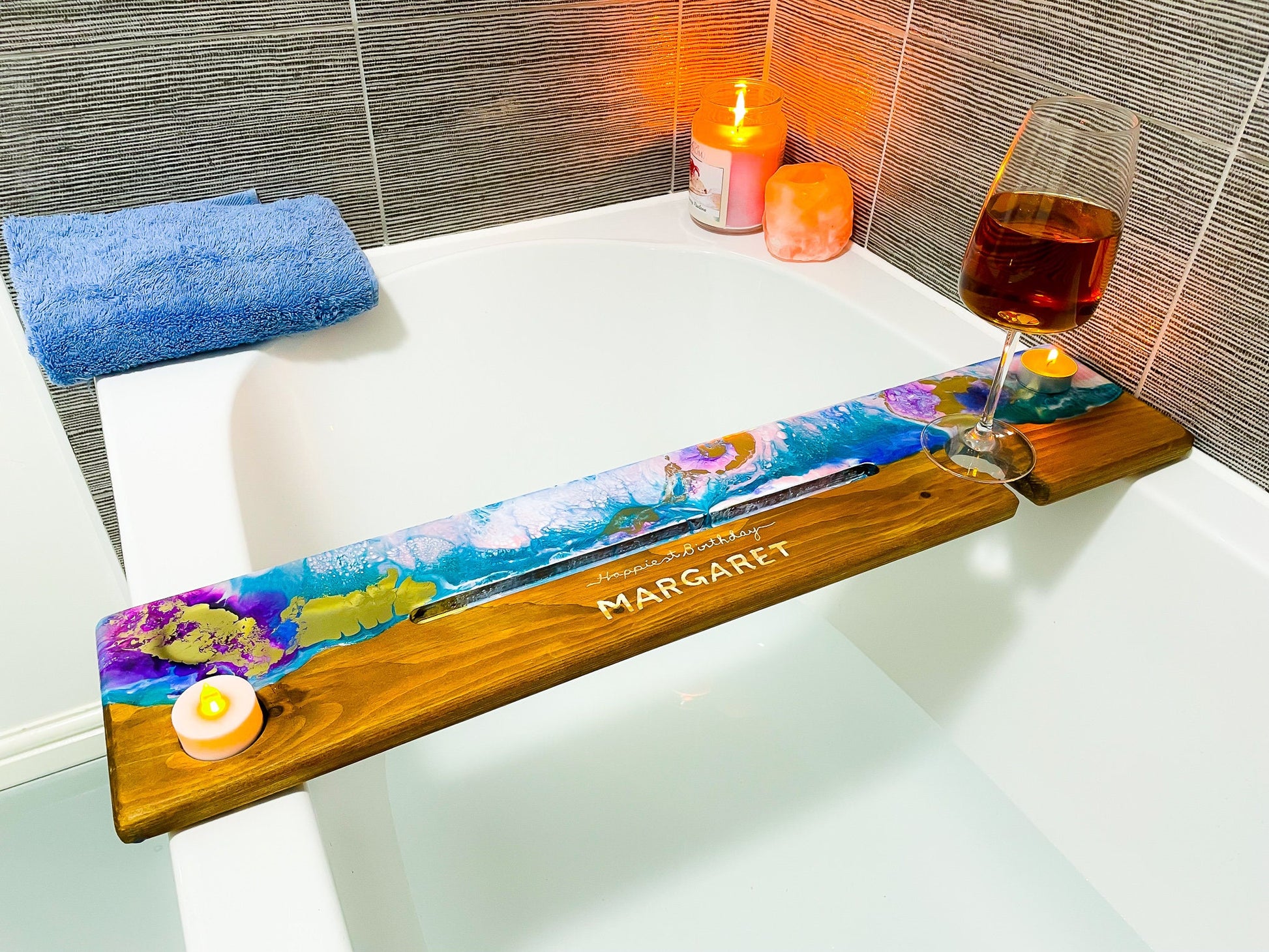 Bath Caddy Tray, Personalised bath Tray, Bathtub Caddy With Wine & Tablet Holder, Christmas Gifts, Bathtub Caddy Tray, Gift for Her, Bath, mossartbyrishstudio