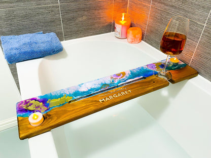 Bath Caddy Tray, Personalised bath Tray, Bathtub Caddy With Wine & Tablet Holder, Christmas Gifts, Bathtub Caddy Tray, Gift for Her, Bath, mossartbyrishstudio