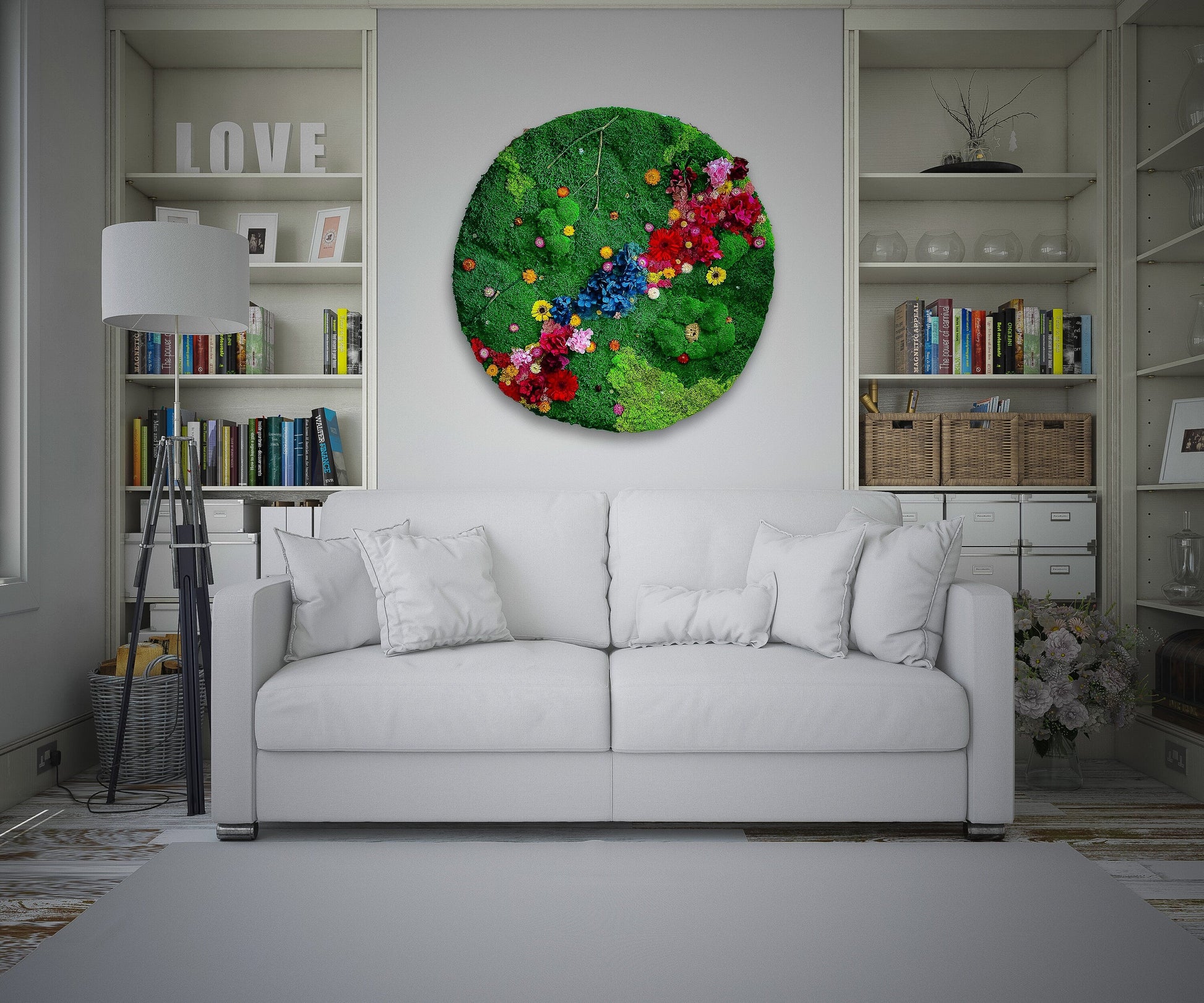 Preserved Moss wall with colorful lichen and dried flower mossartbyrishstudio