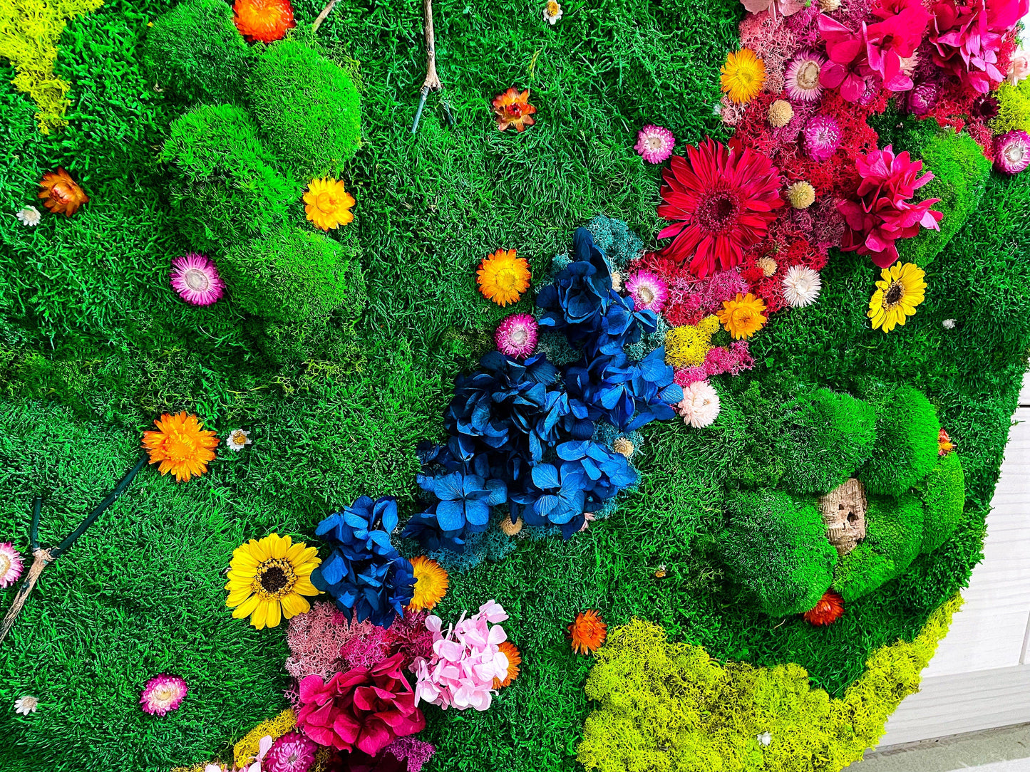 Preserved Moss wall with colorful lichen and dried flower mossartbyrishstudio