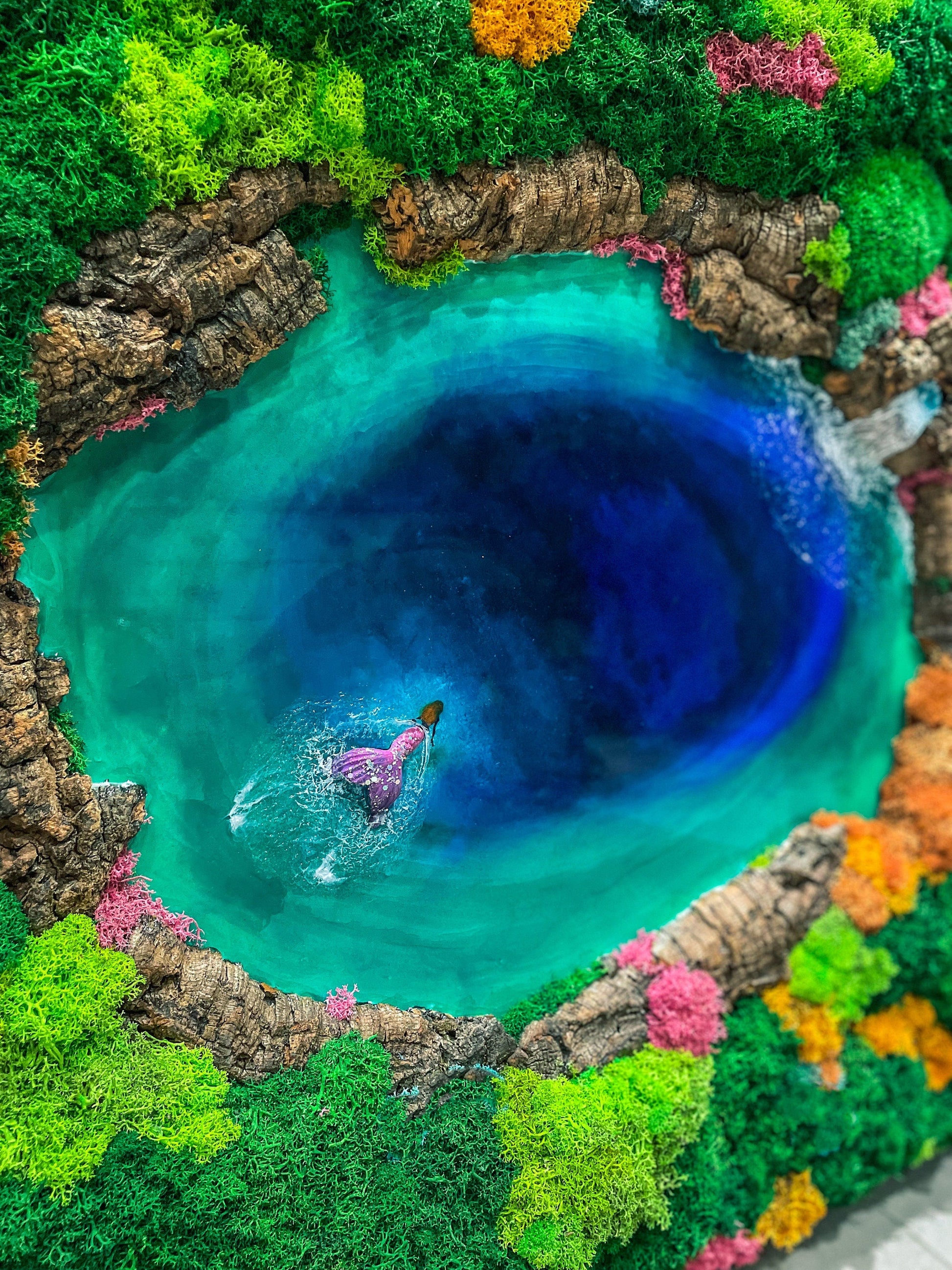 Eco-Friendly Moss & Resin Wall Art – Sustainable Blue Lagoon Landscape with Natural Bark – Handmade Nature-Inspired Decor mossartbyrishstudio