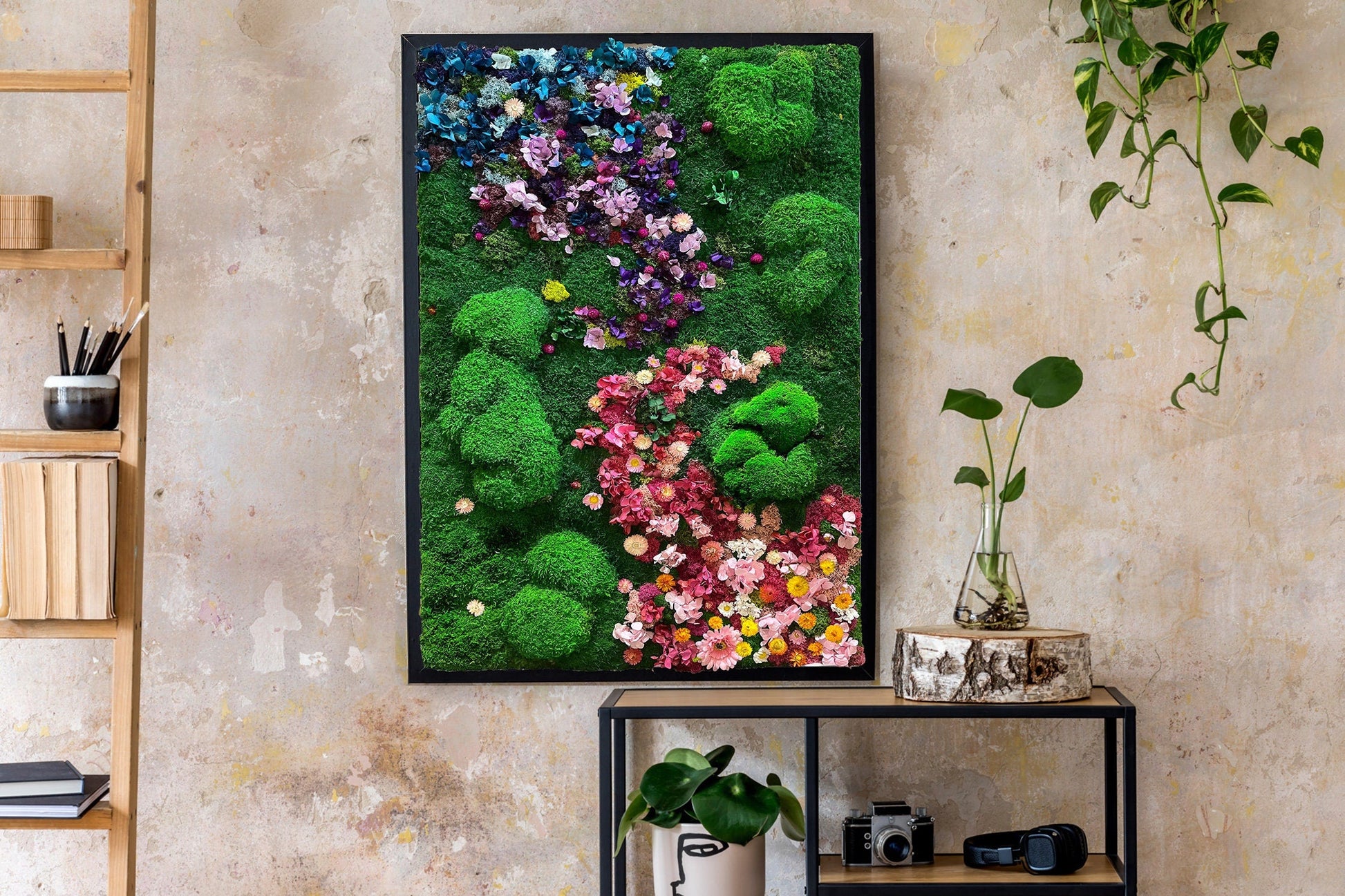 Preserved and dried flowers | Rainbow Moss wall art with flowers | RishStudio mossartbyrishstudio