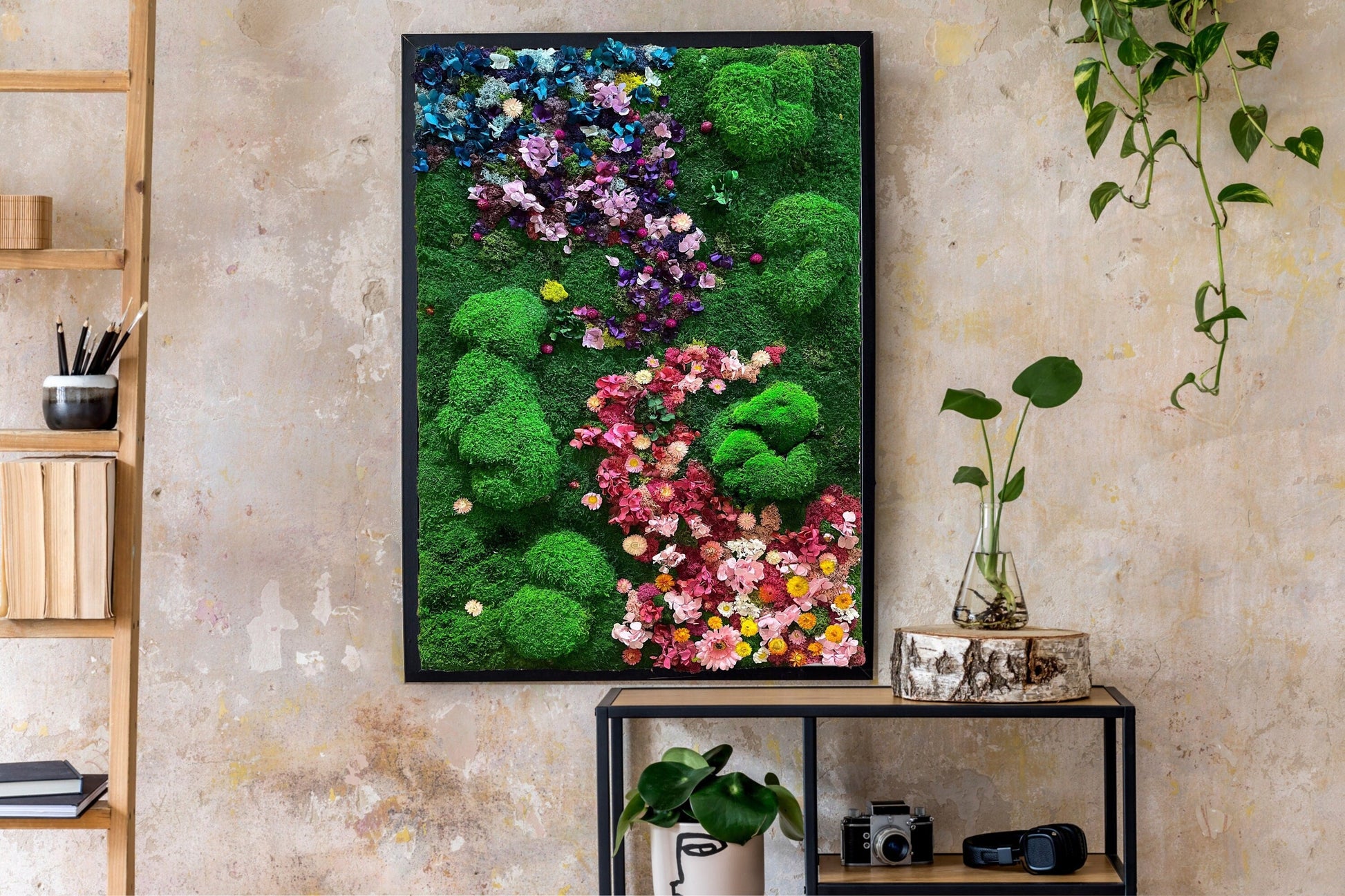 Preserved and dried flowers | Rainbow Moss wall art with flowers | RishStudio mossartbyrishstudio