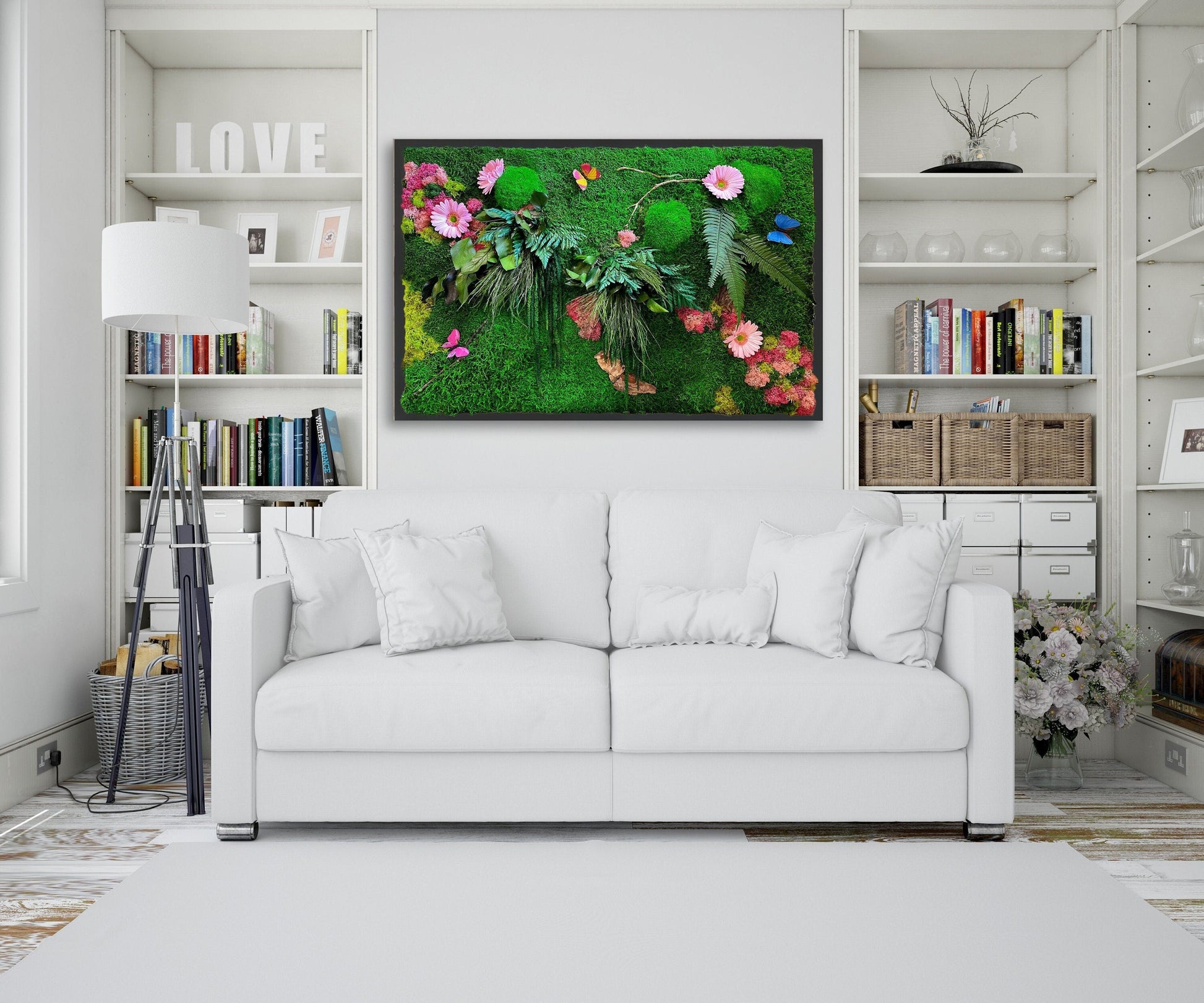 Preserved Moss Wall Art with Colorful Lichen & Flowers – Framed Biophilic Living Wall Panel – Handmade Botanical Decor for Modern Interiors mossartbyrishstudio