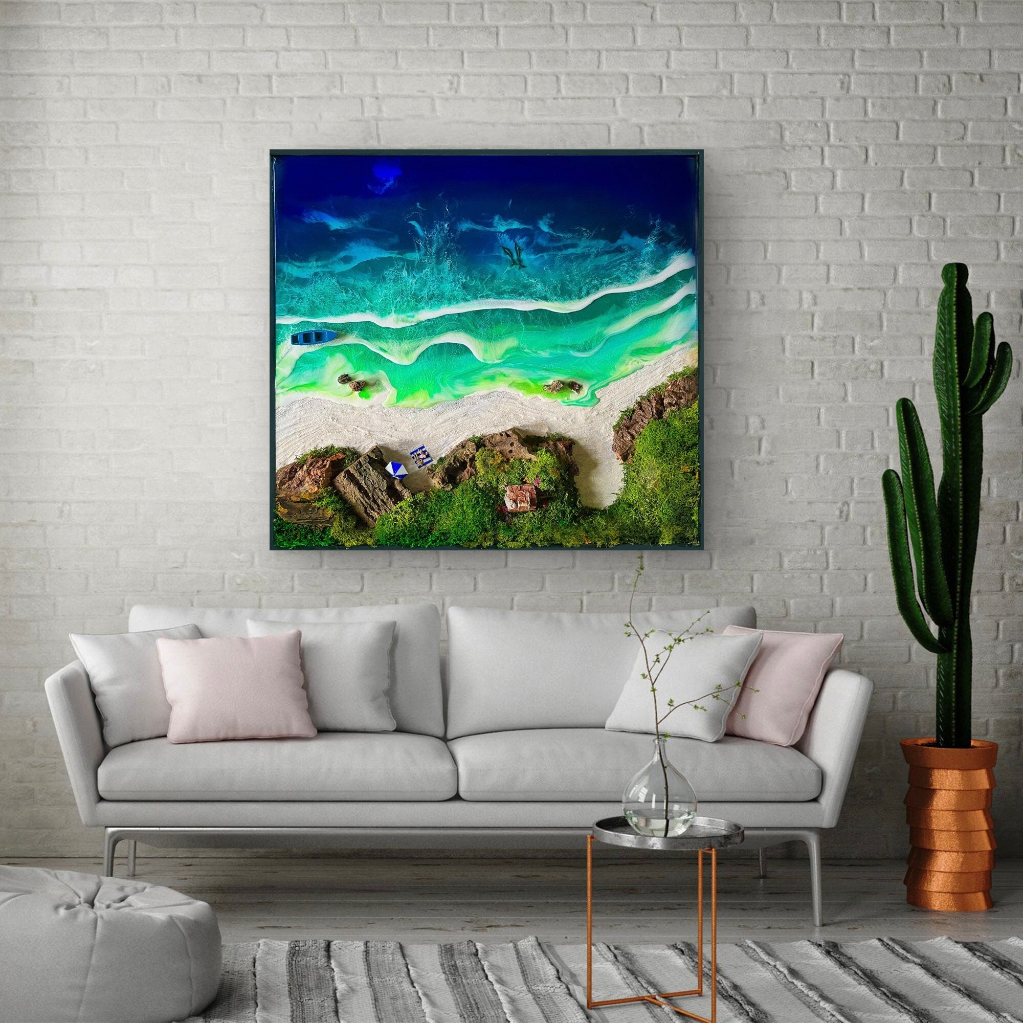 Resin wall art, ocean art decor, handmade UK, beach scene decor, coastal home decor, gift for ocean lovers, handmade resin decor, 3D beach wall art, moss wall art, ocean wave artwork.