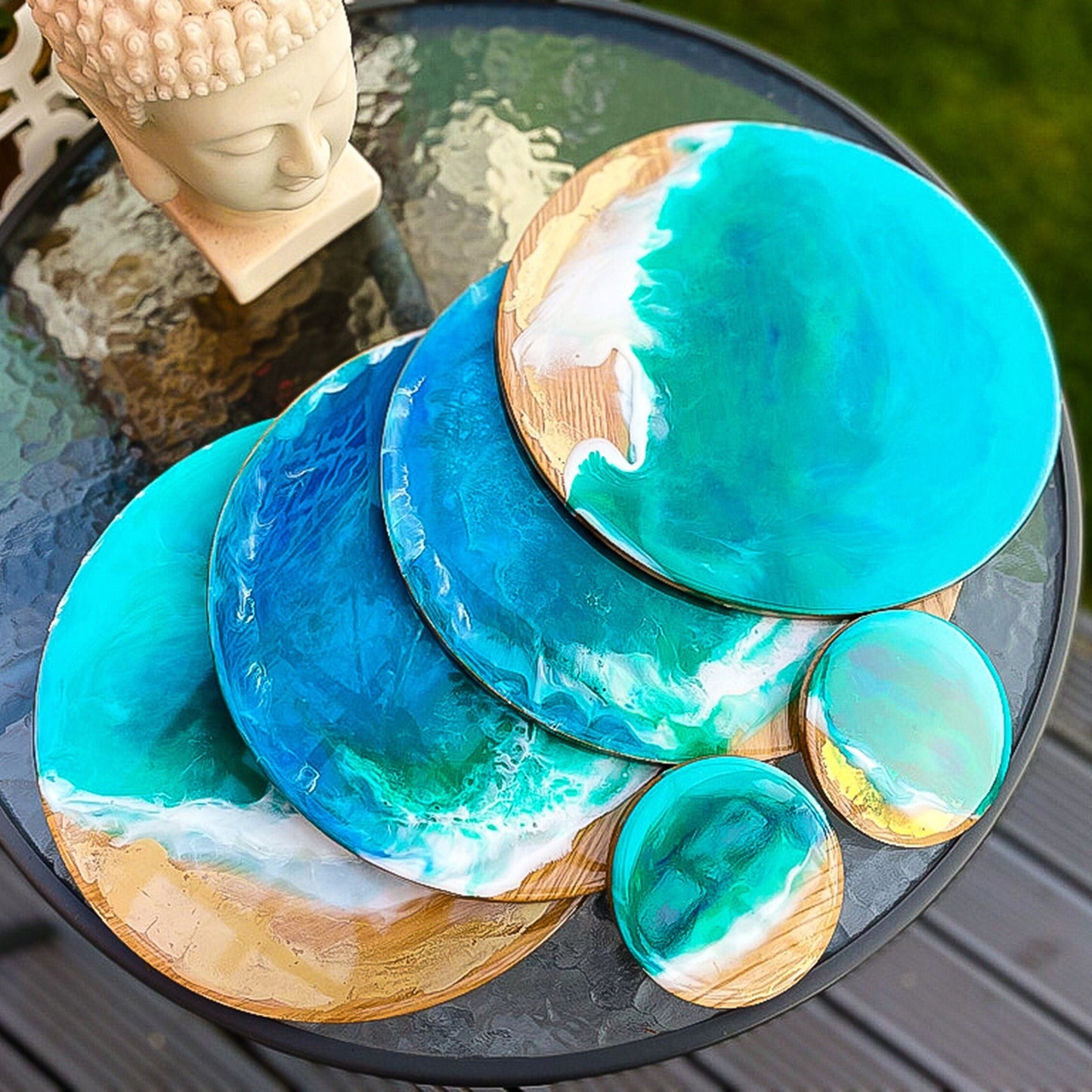 Bamboo Placemats, Ocean waves wooden placemats and coaster sets, mossartbyrishstudio