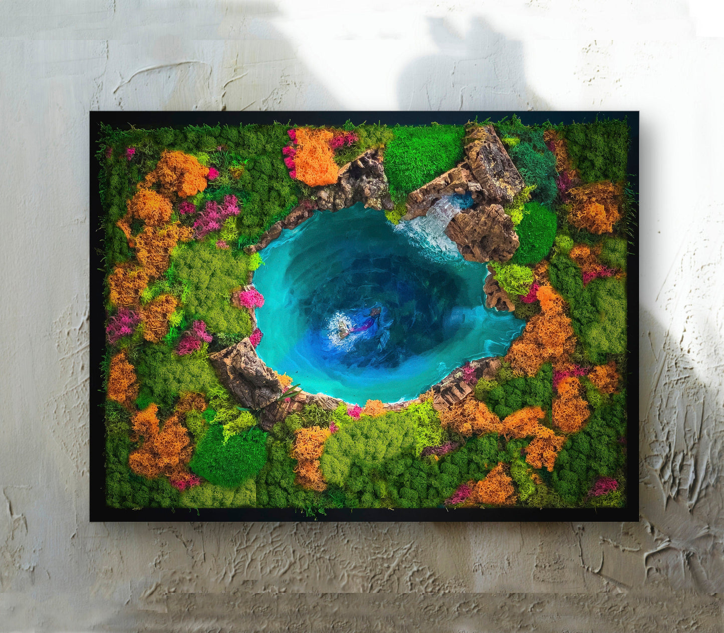 Eco-Friendly Moss & Resin Wall Art – Sustainable Blue Lagoon Landscape with Natural Bark – Handmade Nature-Inspired Decor mossartbyrishstudio